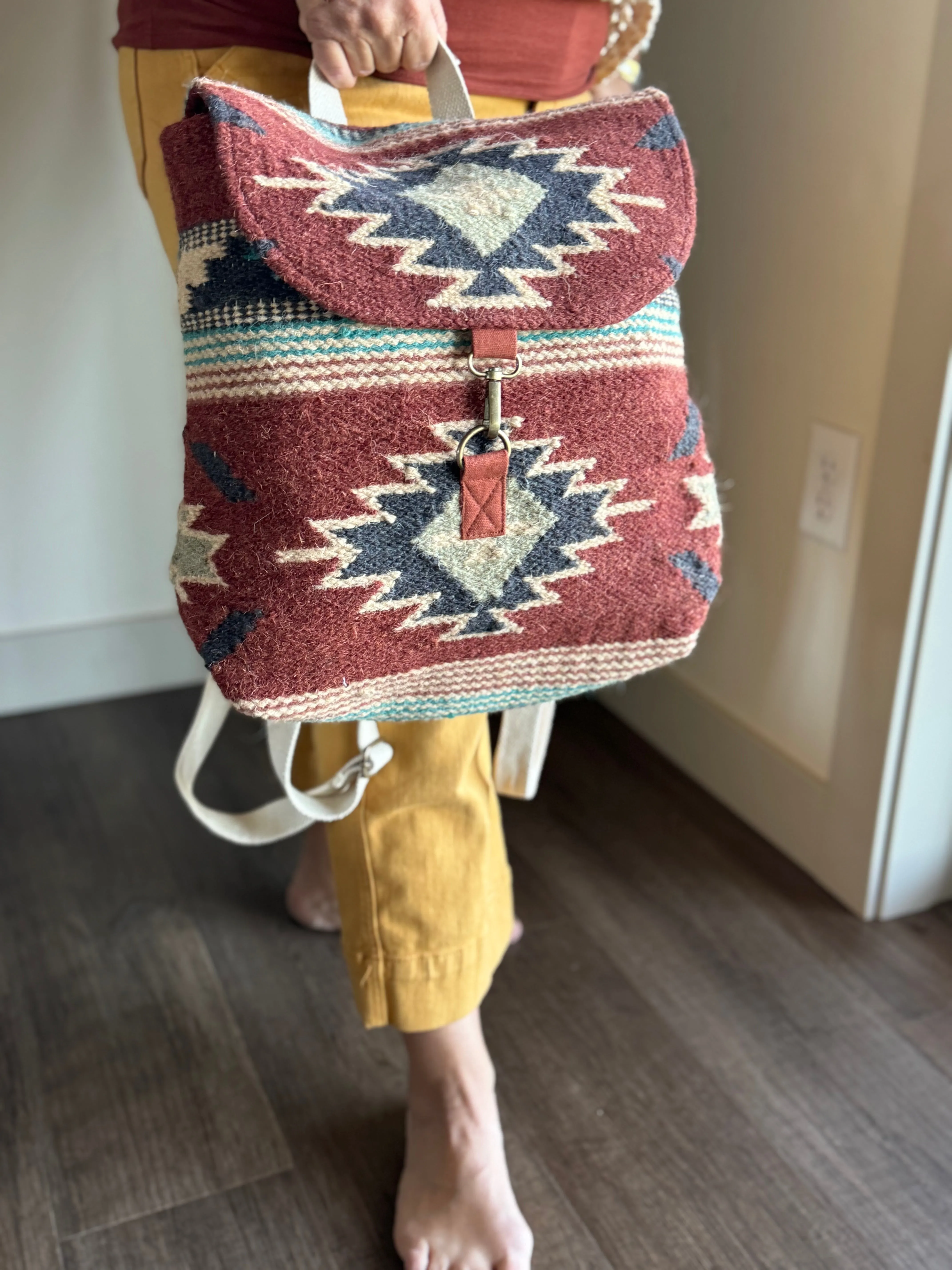 rust, brown, turquoise   tan aztec woven backpack