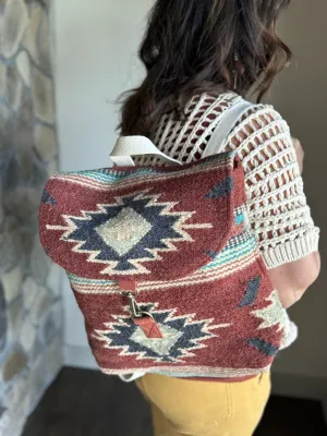 rust, brown, turquoise   tan aztec woven backpack