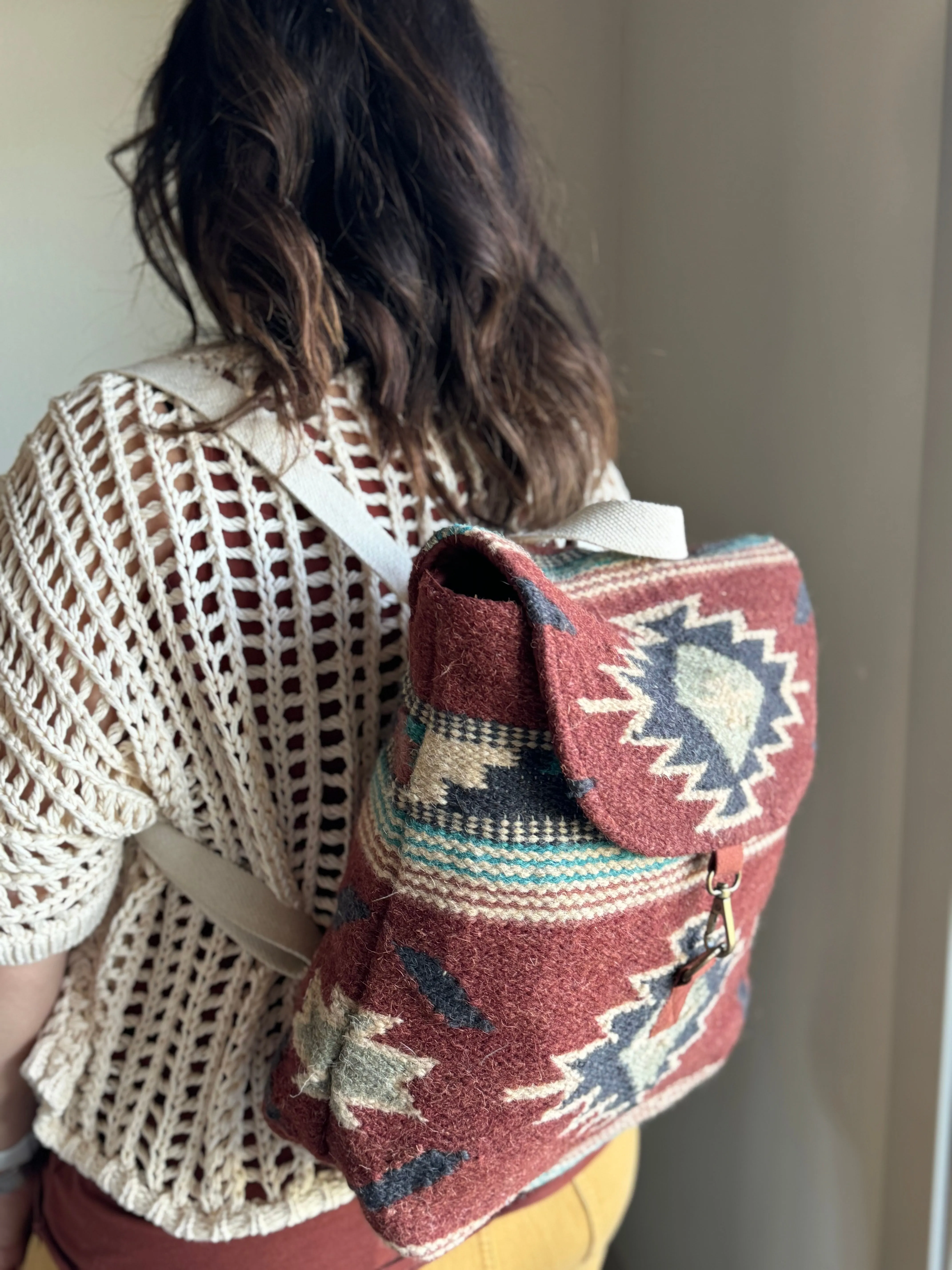 rust, brown, turquoise   tan aztec woven backpack
