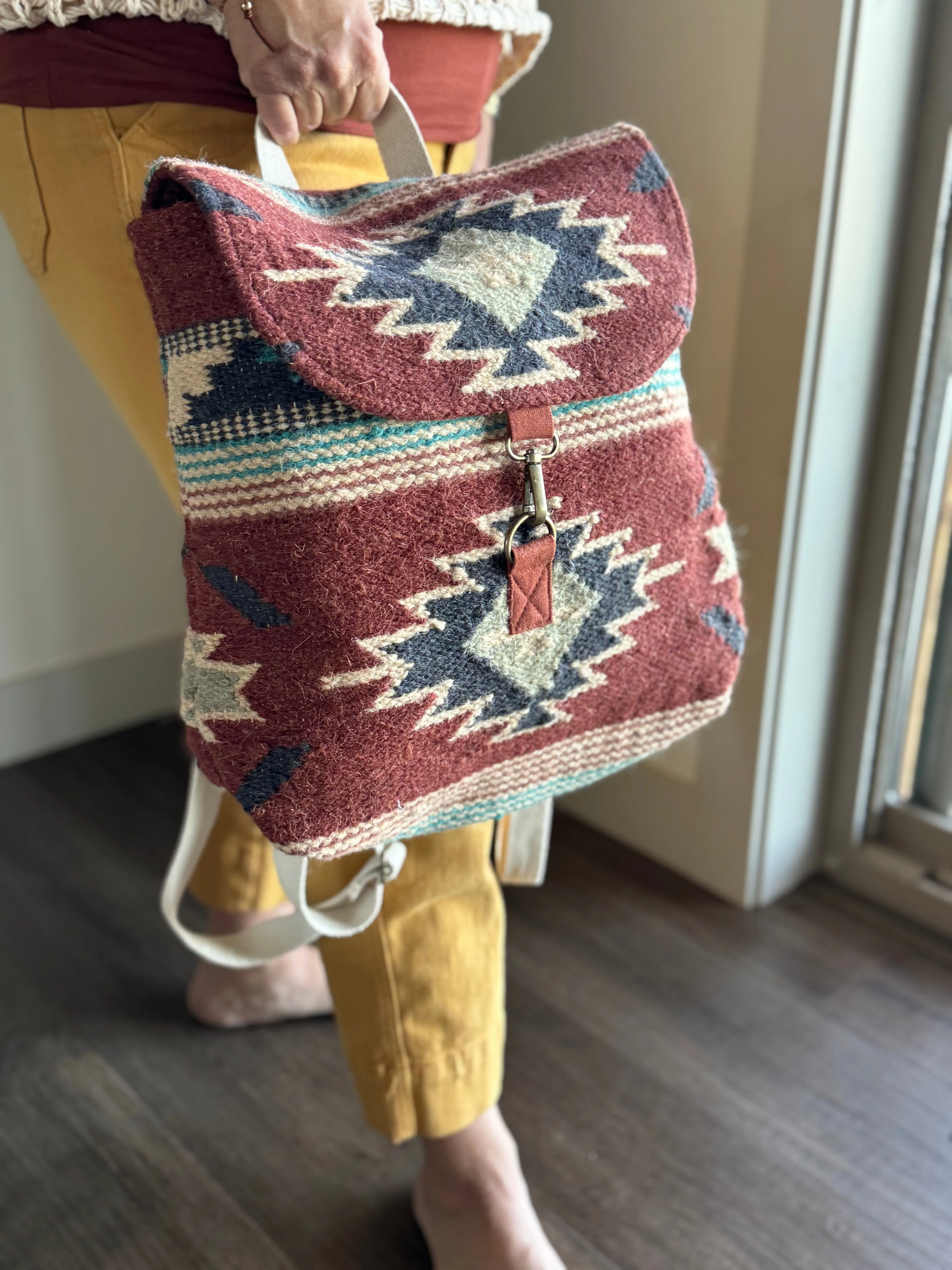 rust, brown, turquoise   tan aztec woven backpack