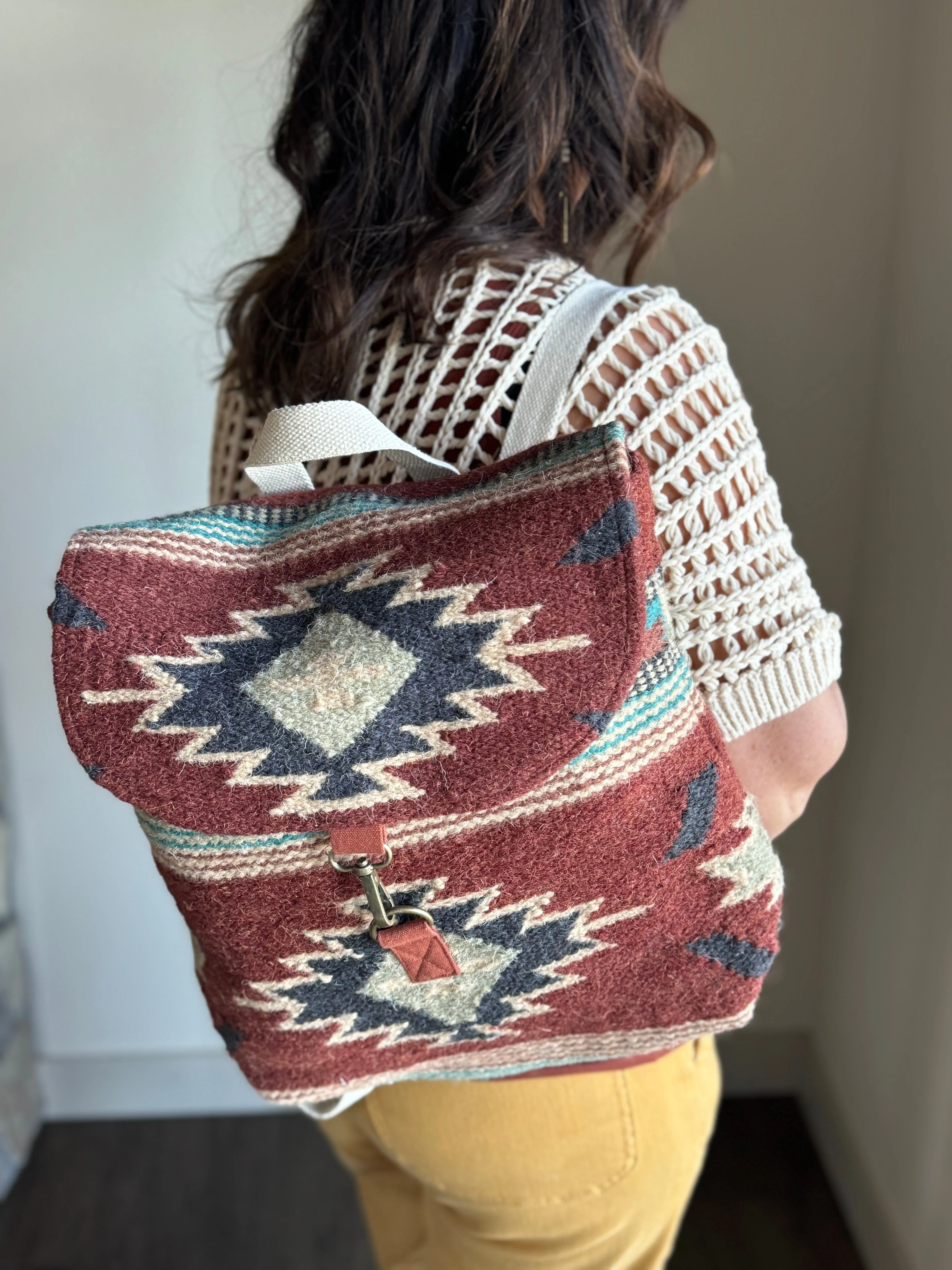 rust, brown, turquoise   tan aztec woven backpack