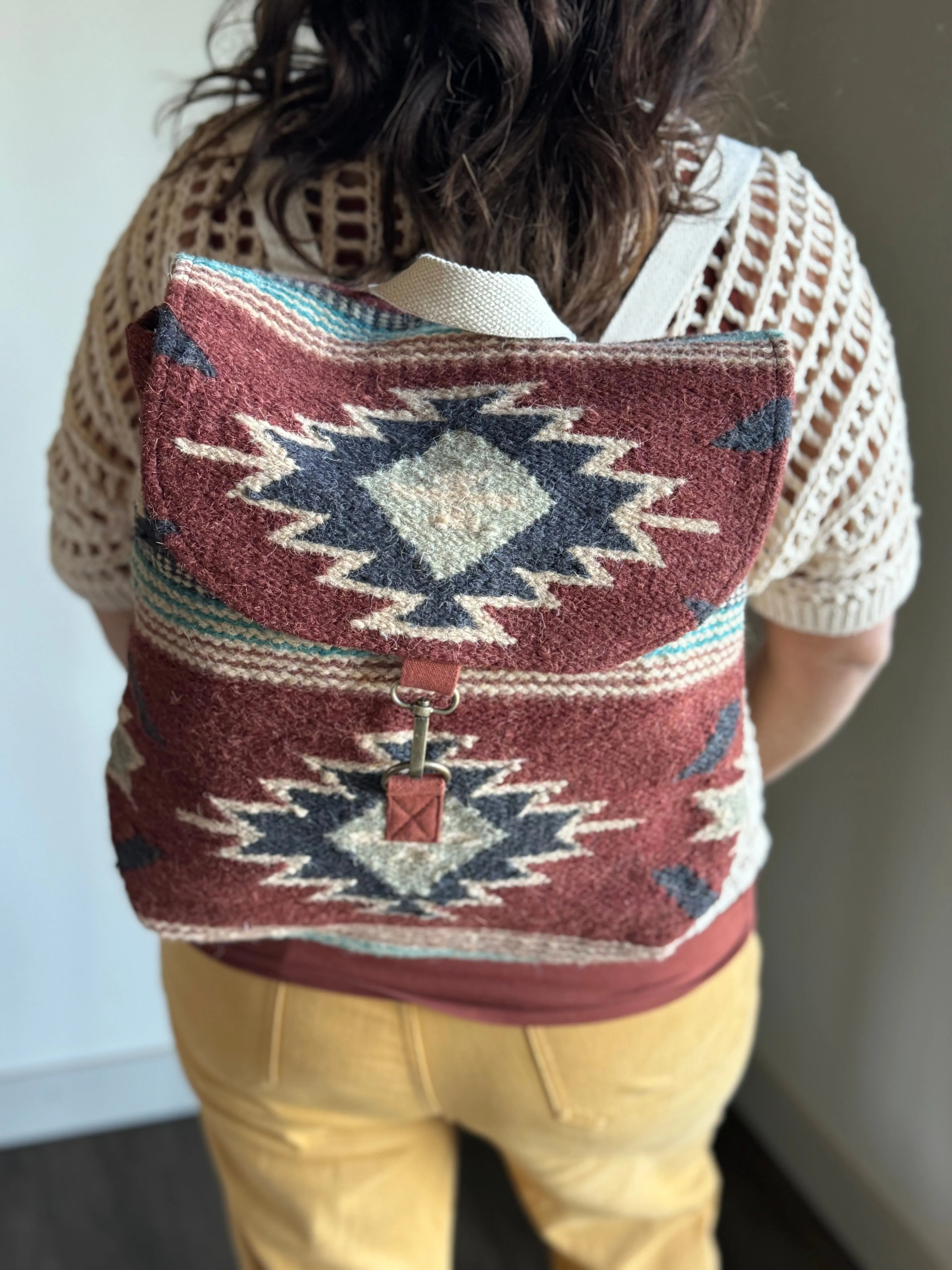 rust, brown, turquoise   tan aztec woven backpack
