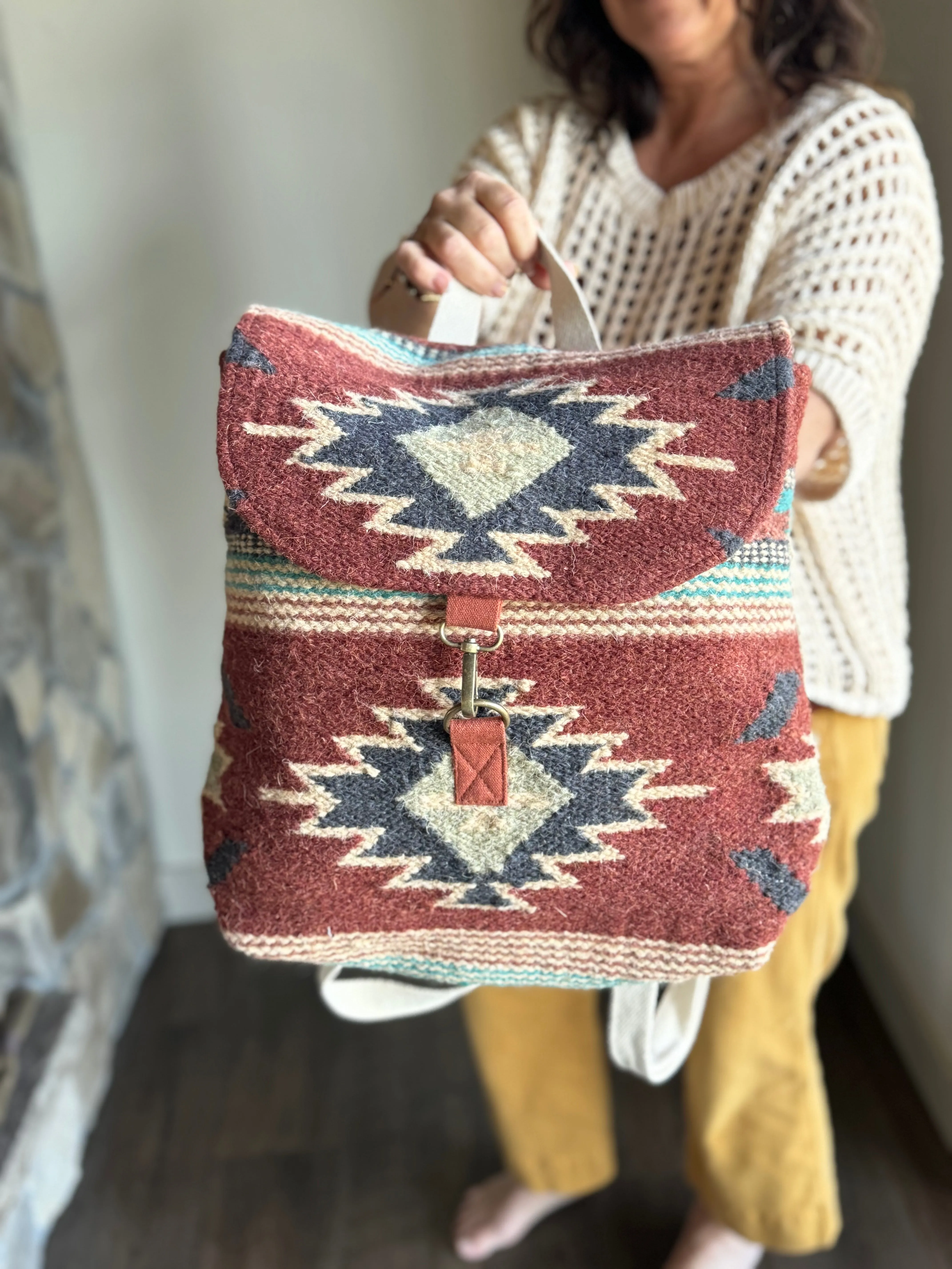 rust, brown, turquoise   tan aztec woven backpack