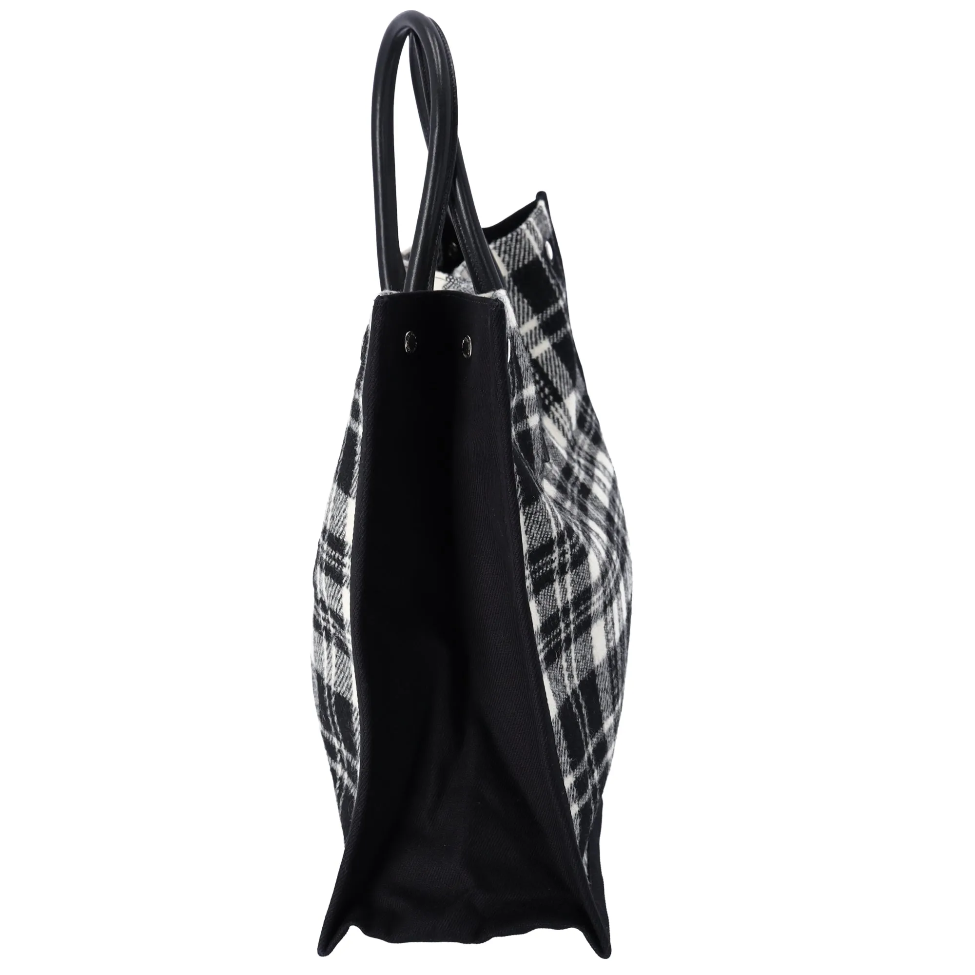 Saint Laurent Rive Gauche Tote Bag 499290 Black White Plaid Wool Leather