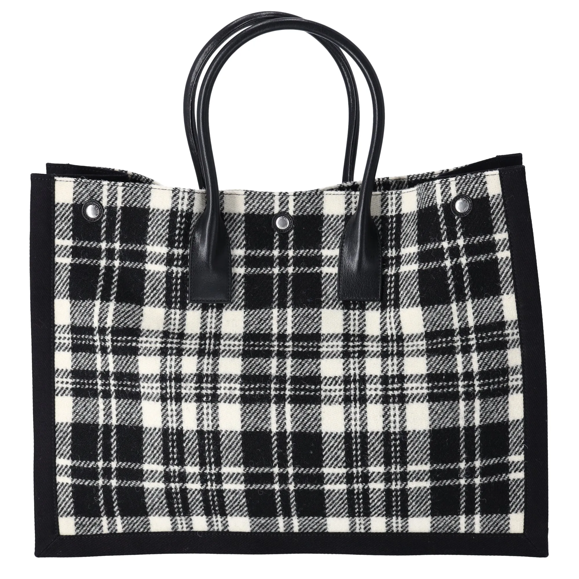 Saint Laurent Rive Gauche Tote Bag 499290 Black White Plaid Wool Leather