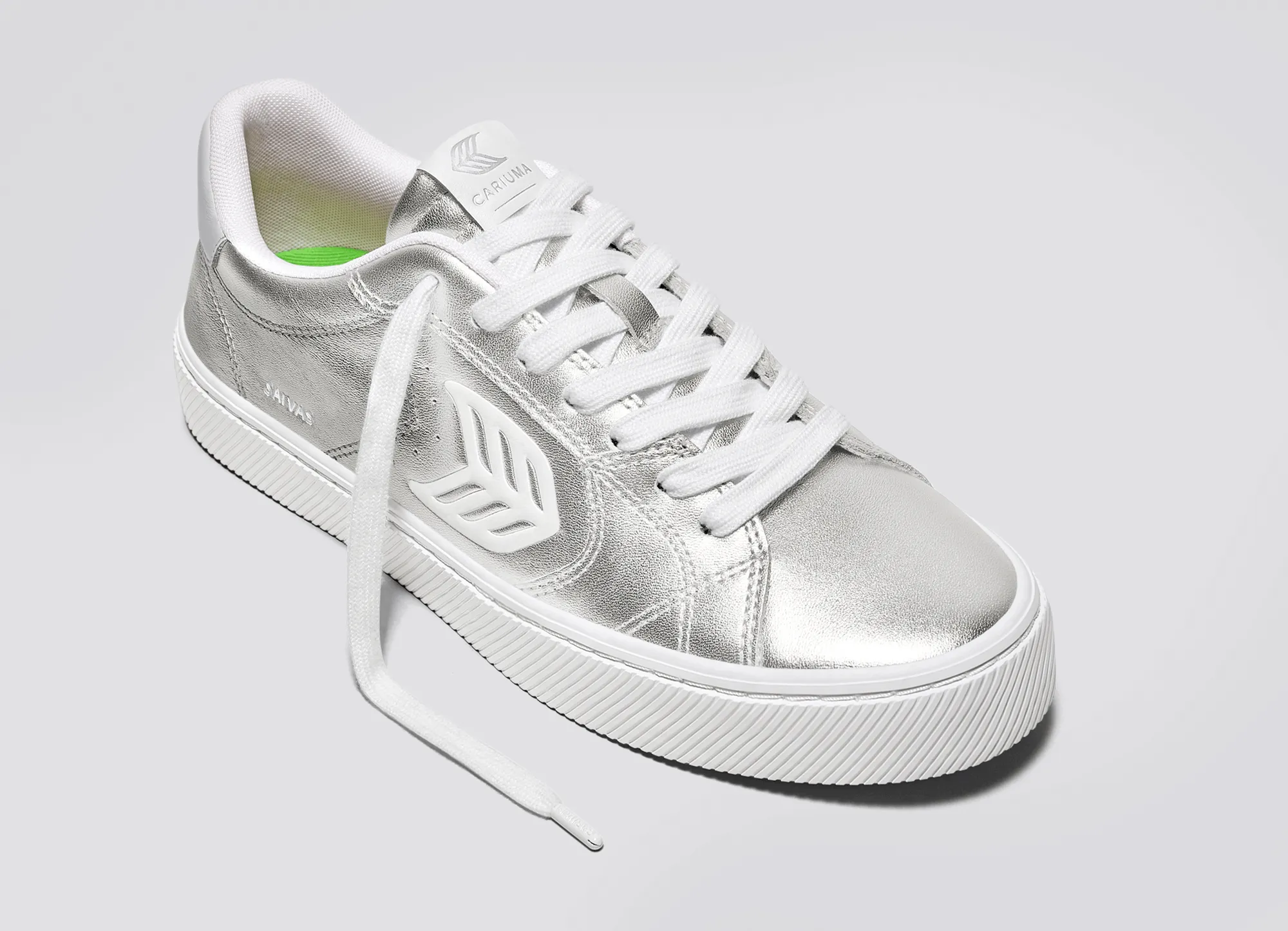 SALVAS Metallic Silver Leather White Logo Sneaker Women