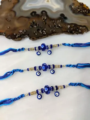 (Set of 3) Navy Blue Evil Eye Rakhi for Men Gold Ring Stone and Beads Rakhi