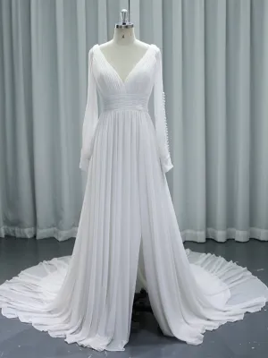 Simple Bohemian Wedding Dress Long Sleeves Bridal Dress #24017