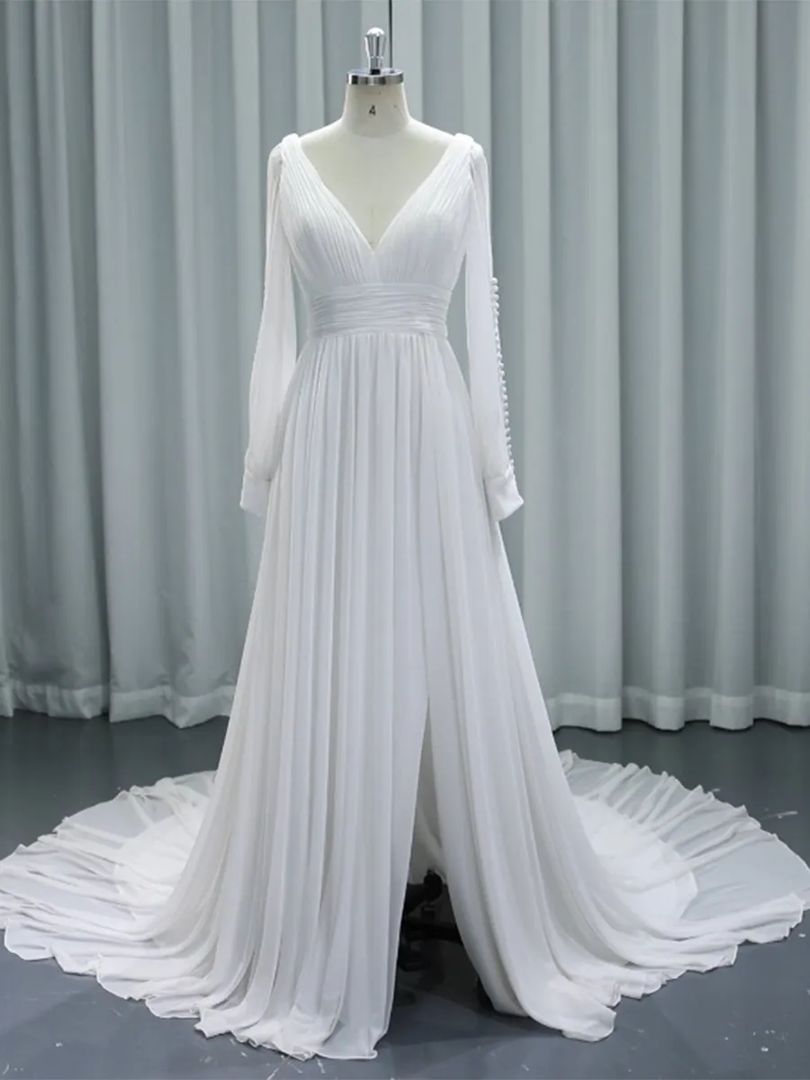 Simple Bohemian Wedding Dress Long Sleeves Bridal Dress #24017