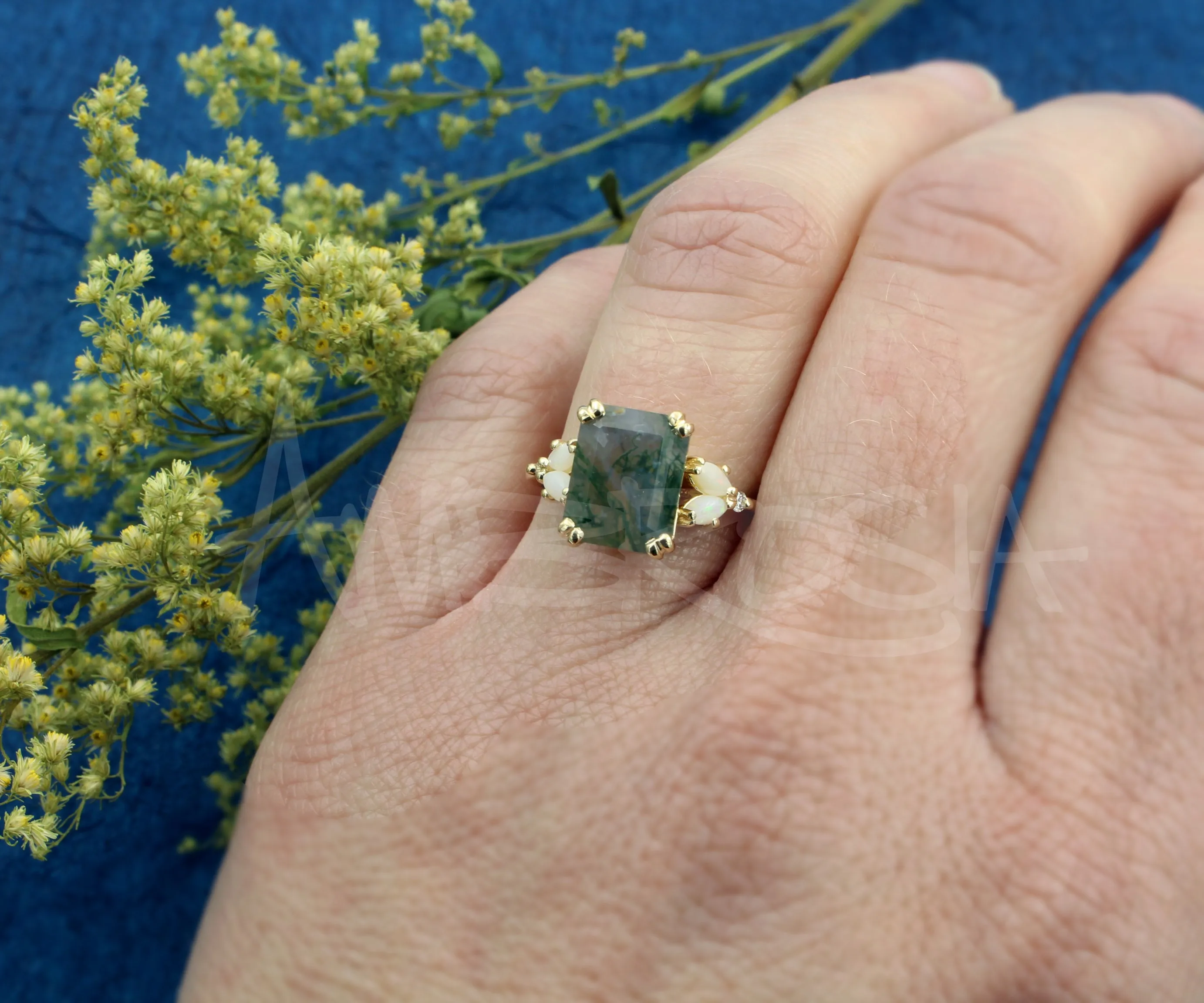 Simple Moss Agate Opal Marquise Gold Engagement Ring