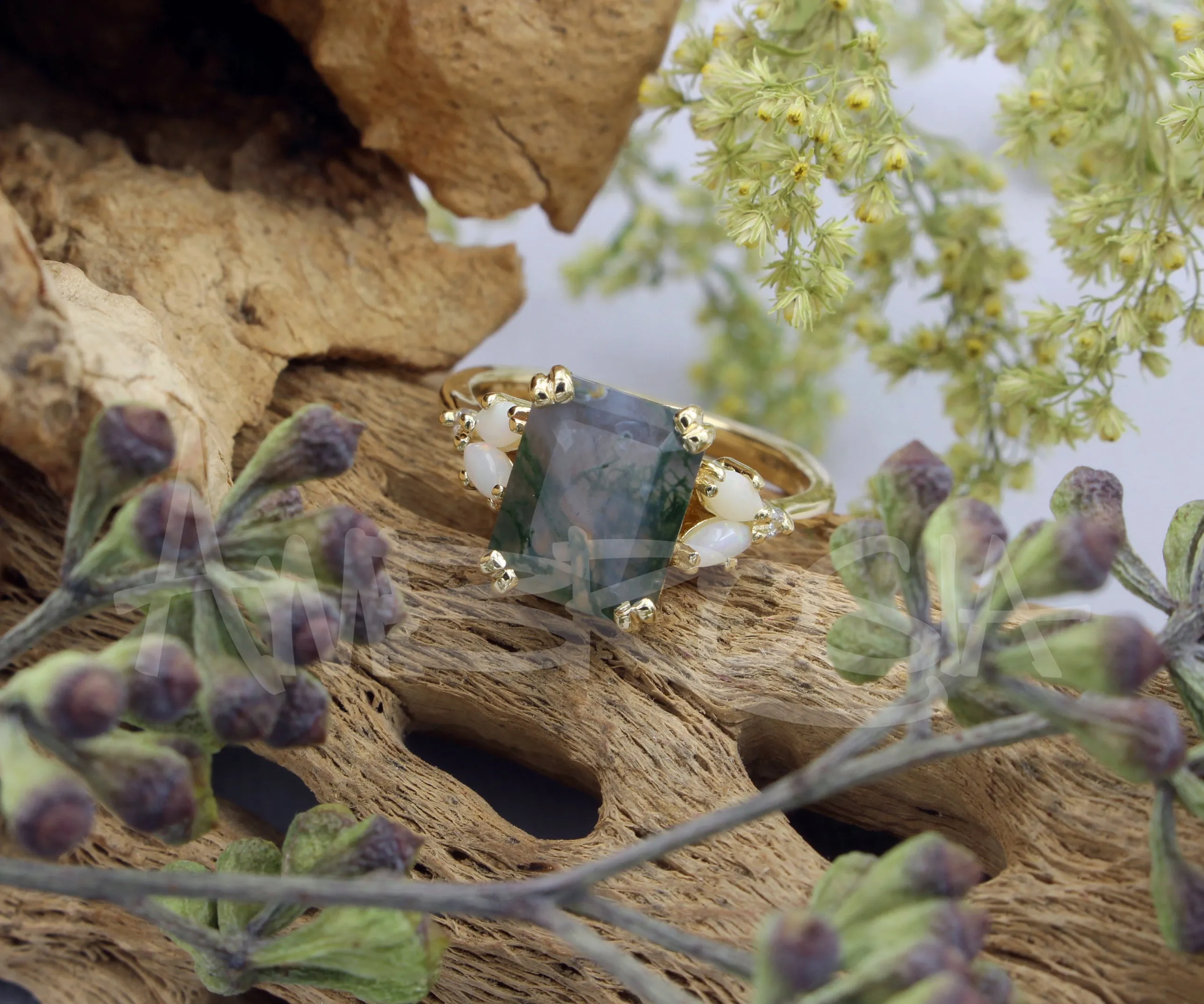 Simple Moss Agate Opal Marquise Gold Engagement Ring