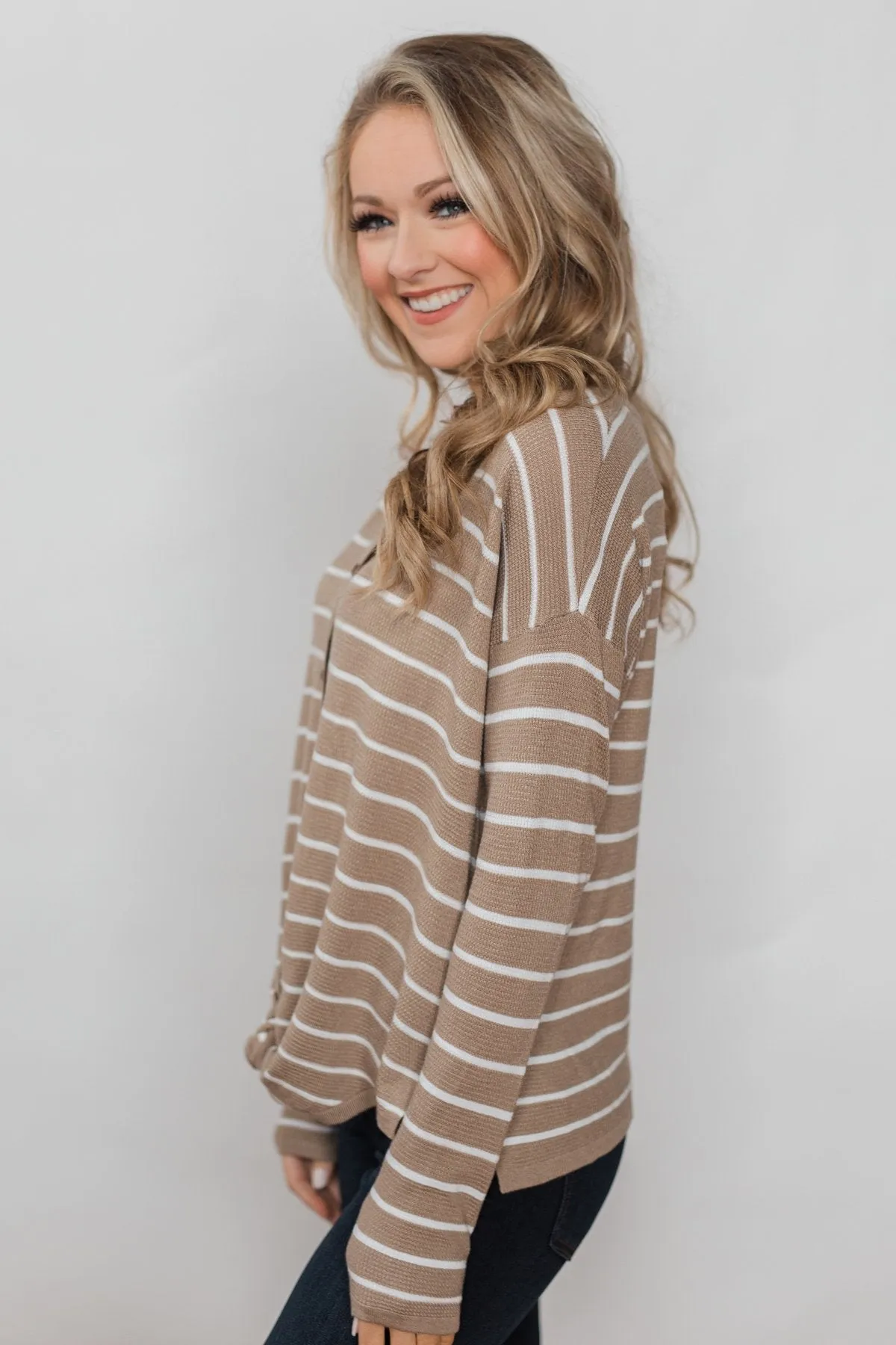 Simple Occasion Striped Button Top- Taupe