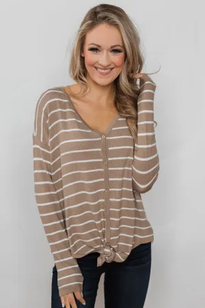 Simple Occasion Striped Button Top- Taupe