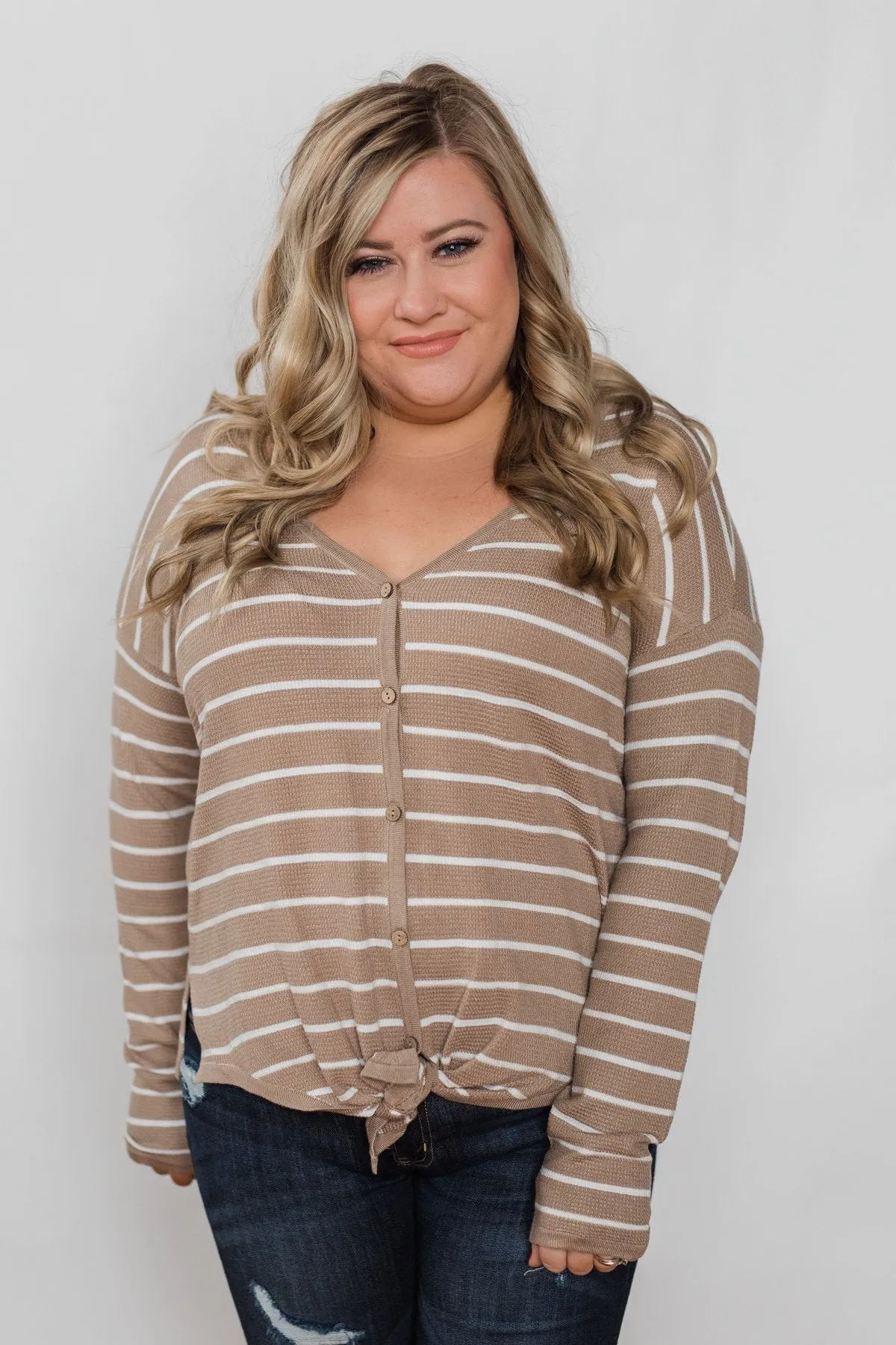 Simple Occasion Striped Button Top- Taupe