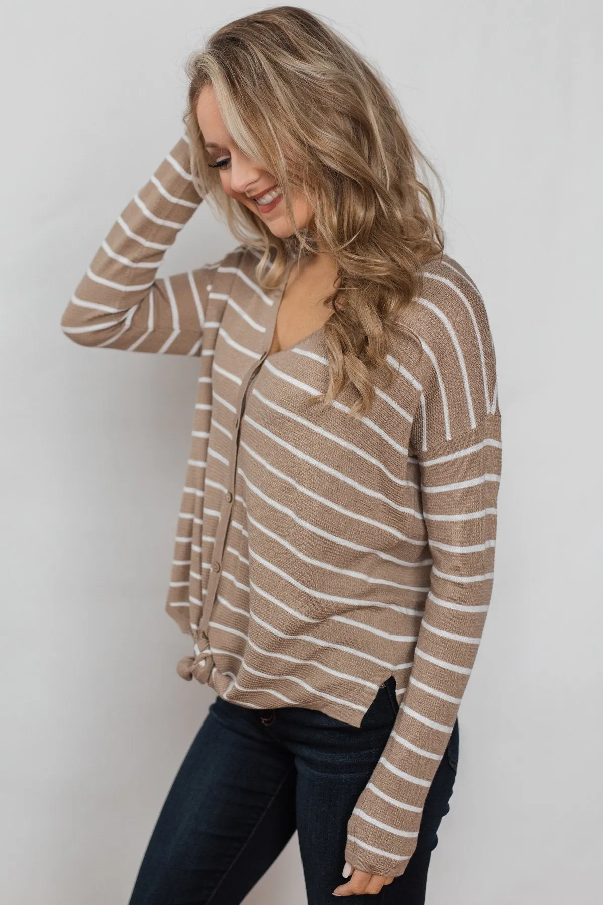 Simple Occasion Striped Button Top- Taupe