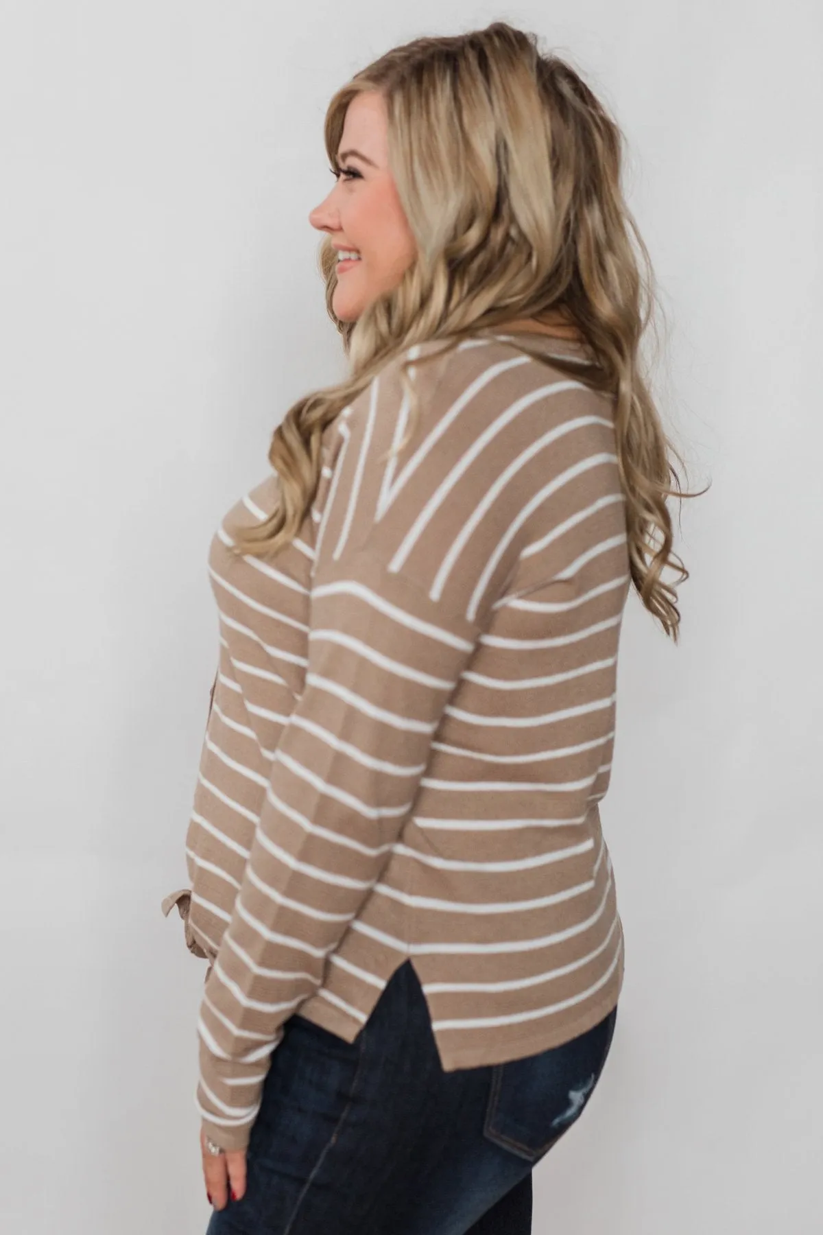 Simple Occasion Striped Button Top- Taupe