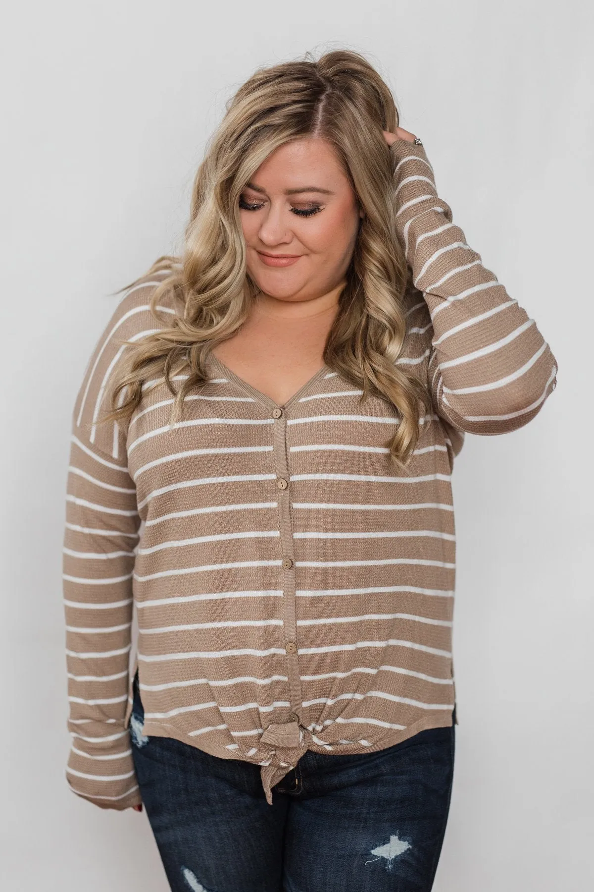Simple Occasion Striped Button Top- Taupe