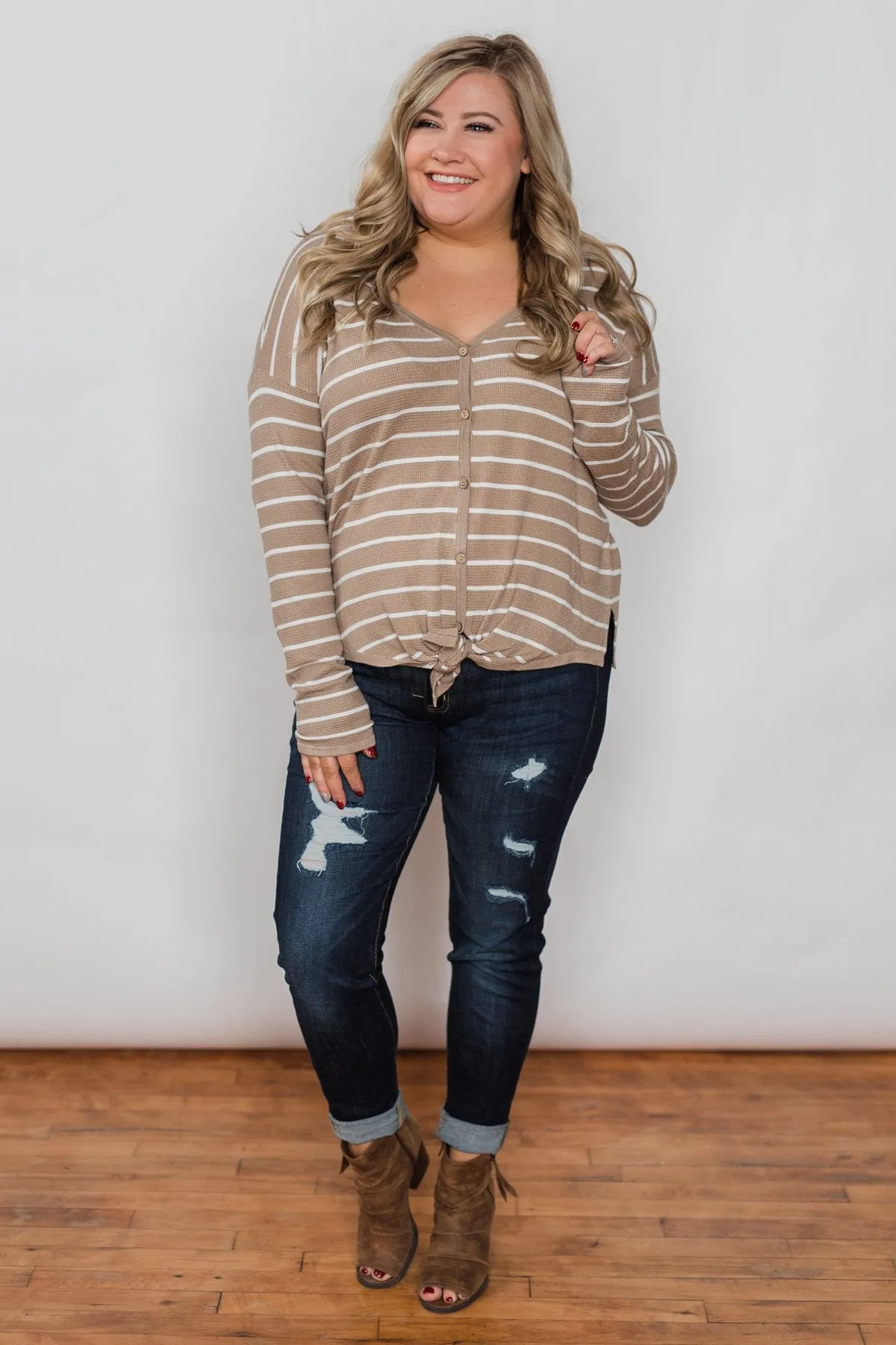 Simple Occasion Striped Button Top- Taupe