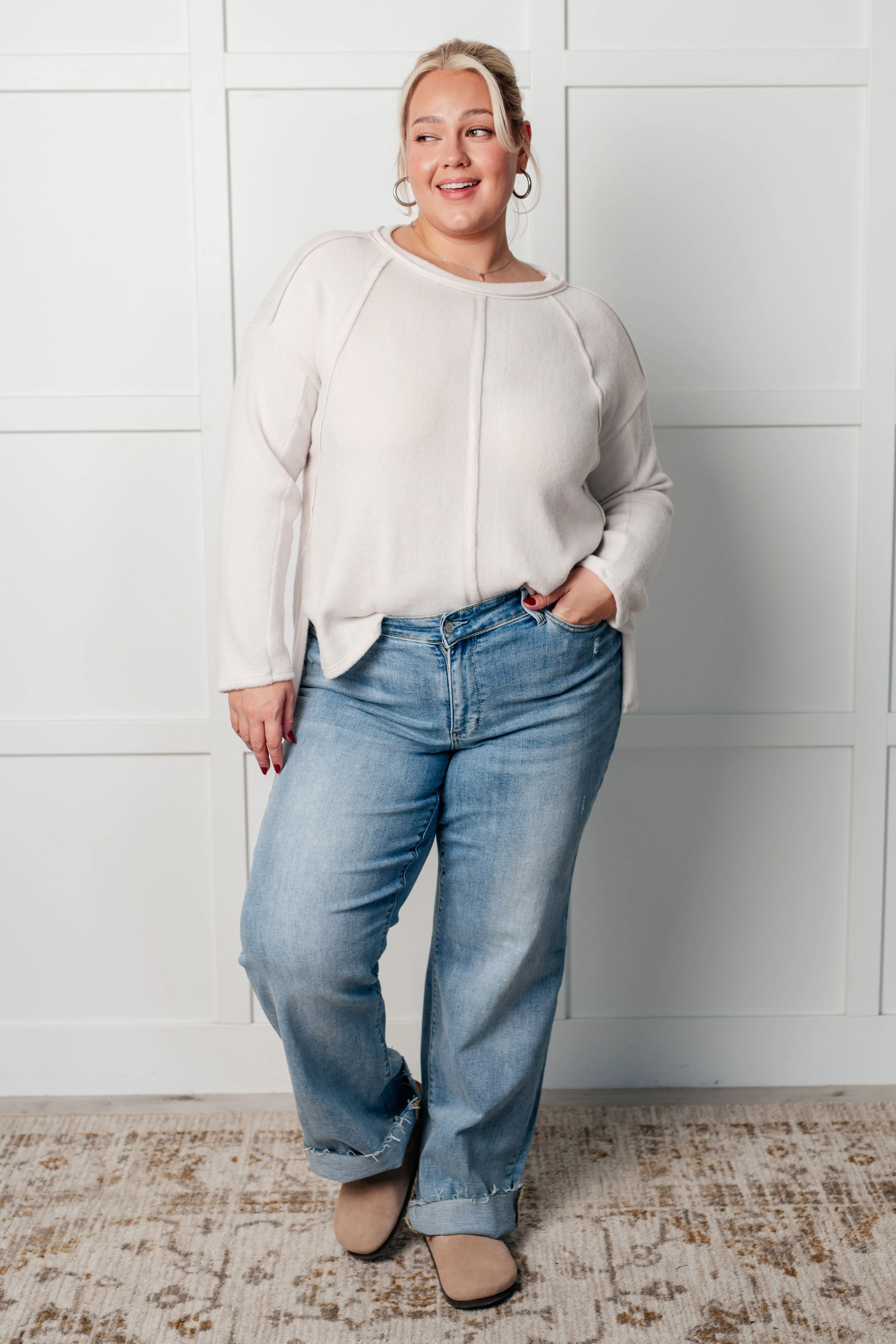 Simple Silhouette Brushed Hacci Sweater in Sand Beige