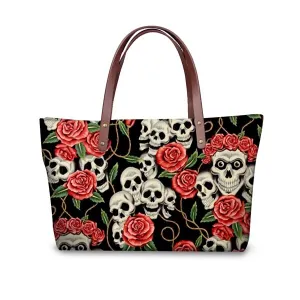 Skulls & Roses Print Womens Large Shoulder Tote Bag