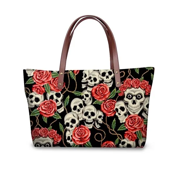 Skulls & Roses Print Womens Large Shoulder Tote Bag