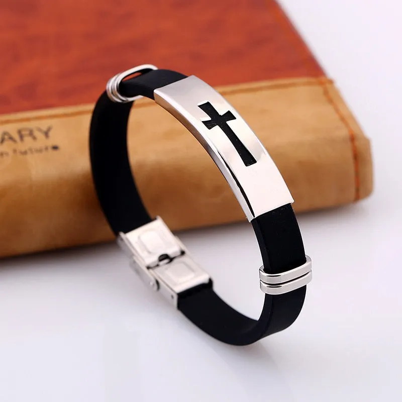 Stainless Steel Black Silicone Jesus Cross Bracelets