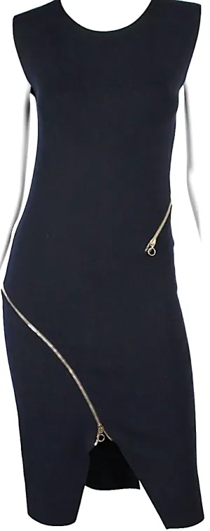 STELLA McCARTNEY UK. 2016 Collection Midnight Blue Wool Blend Knit Asymmetric Zip Sheath Dress