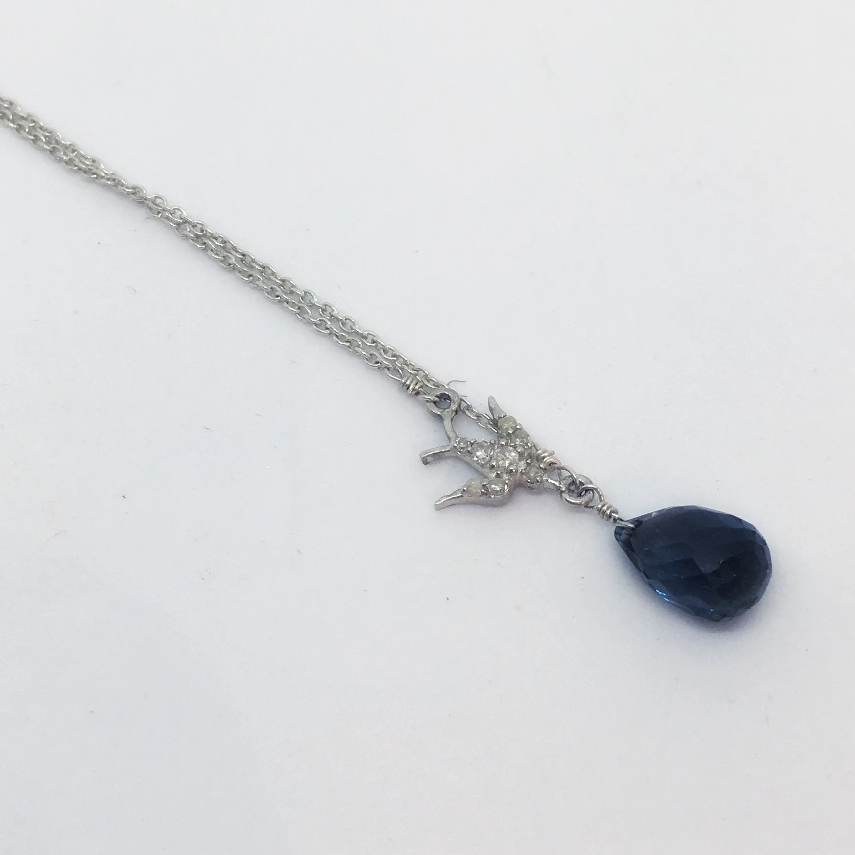 Sterling Silver Necklace With Blue Topaz Briolette and Diamond Bird