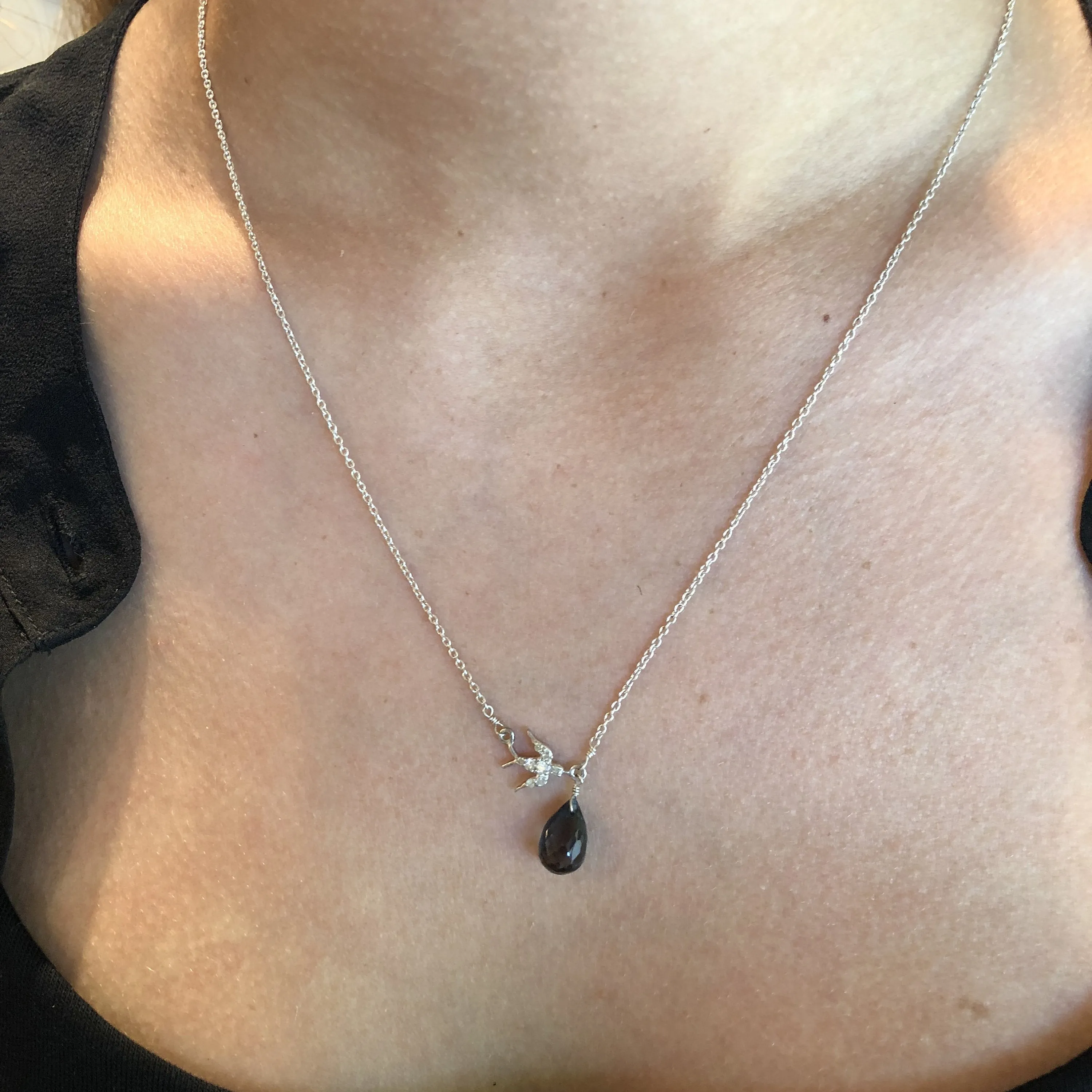 Sterling Silver Necklace With Blue Topaz Briolette and Diamond Bird