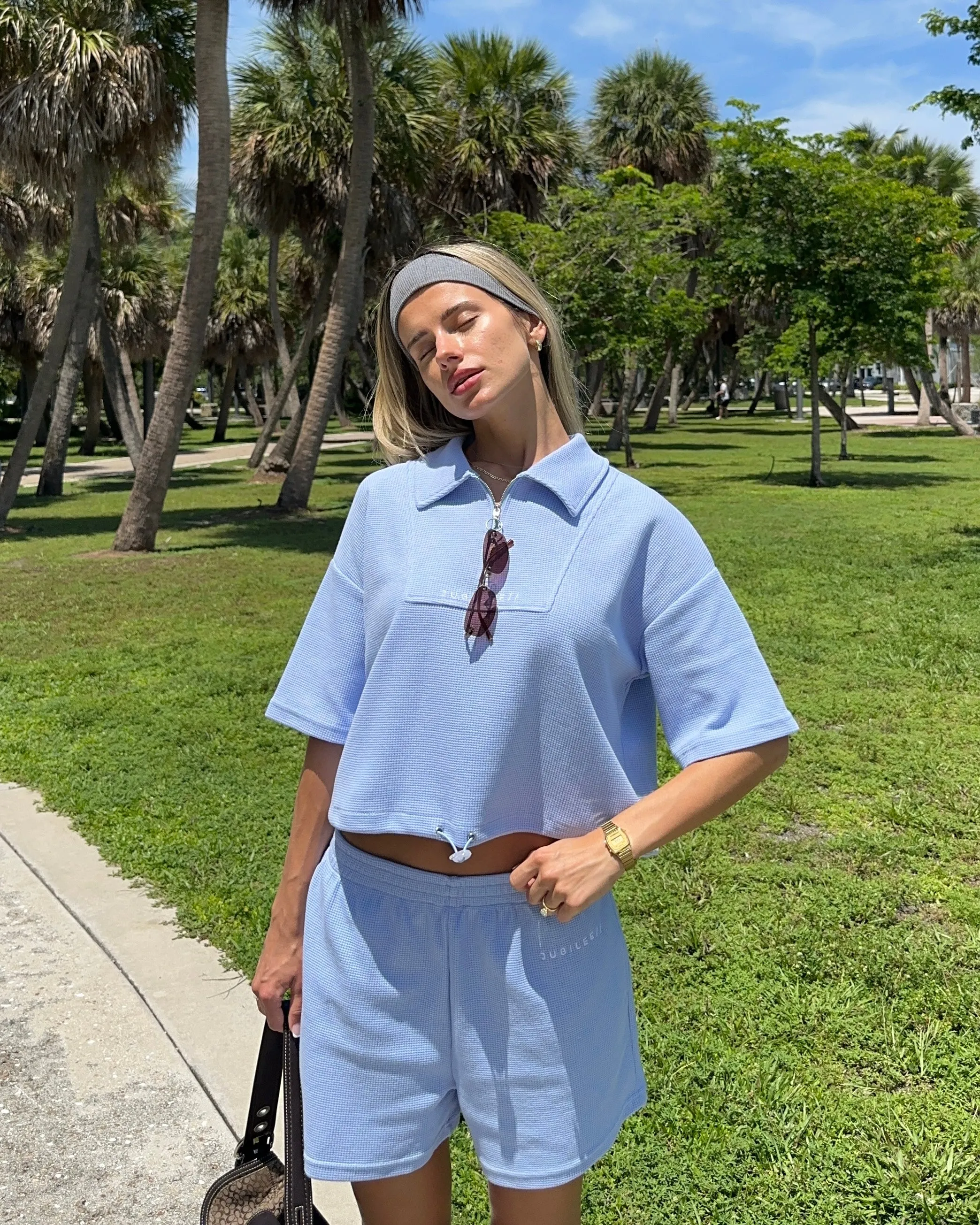 Sustainable Micro Waffle Zip-up Collar Top