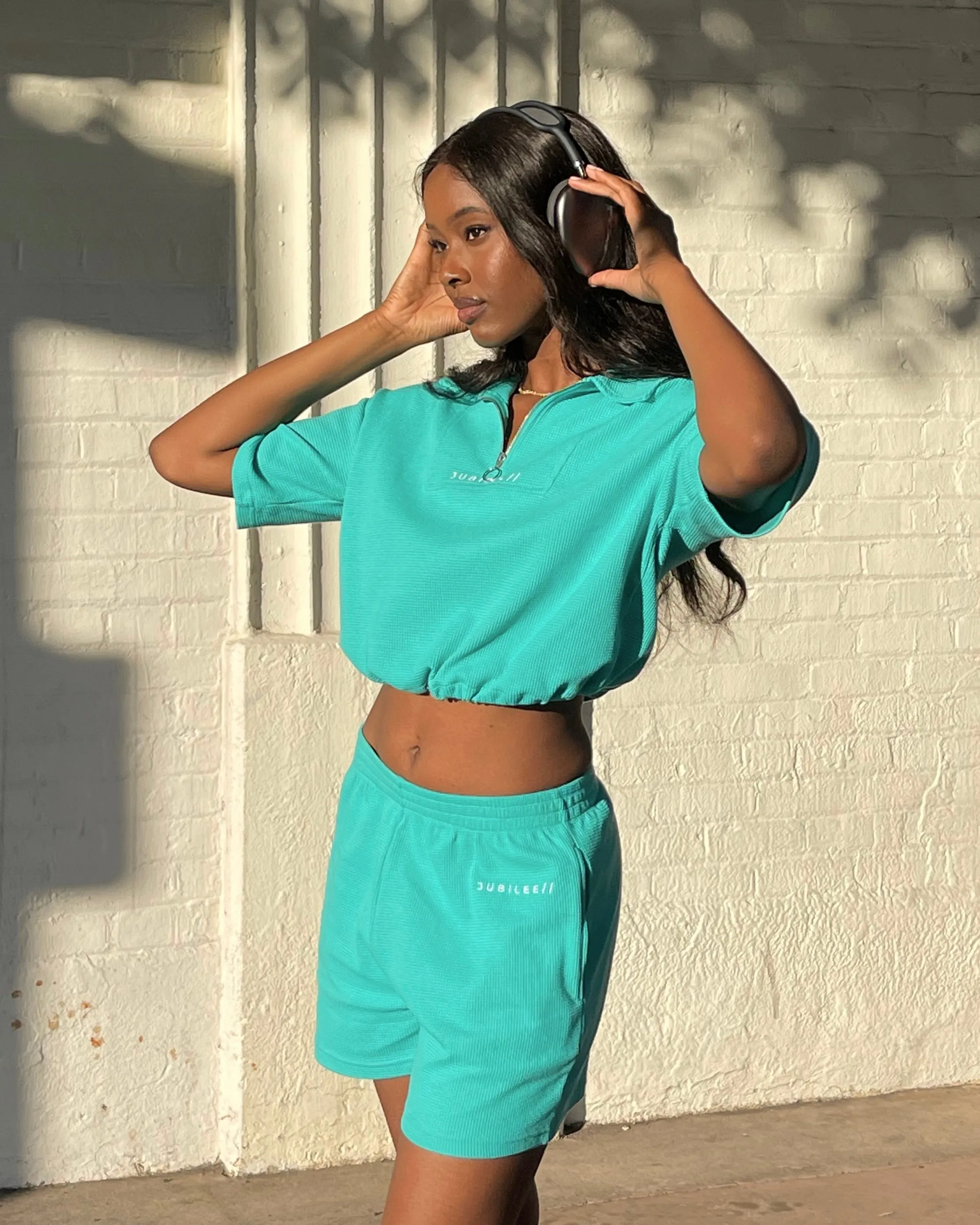 Sustainable Micro Waffle Zip-up Collar Top