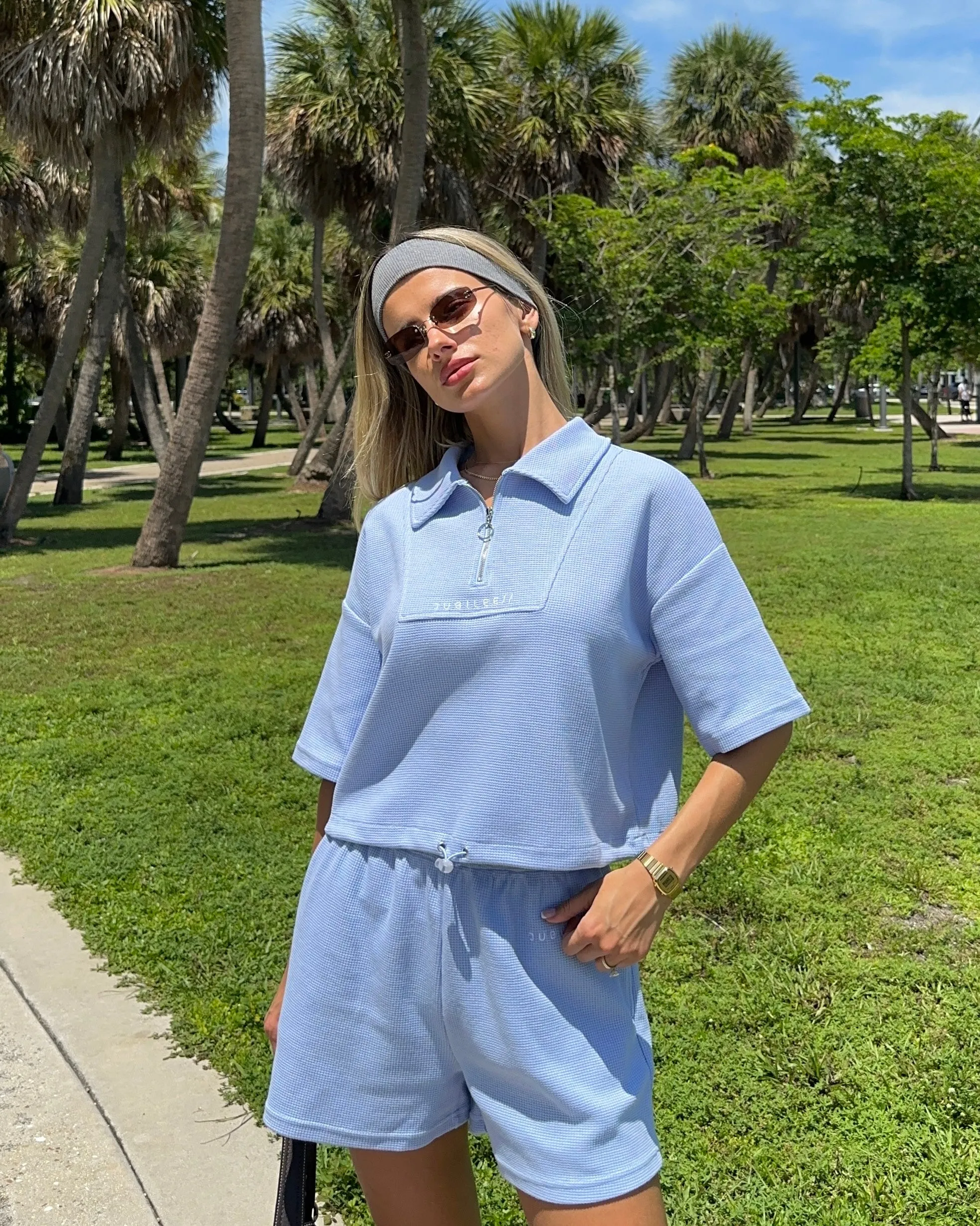 Sustainable Micro Waffle Zip-up Collar Top