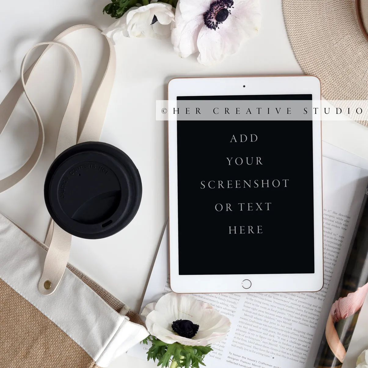 Tablet, Tote bag, Coffee & Anemone, Styled Image