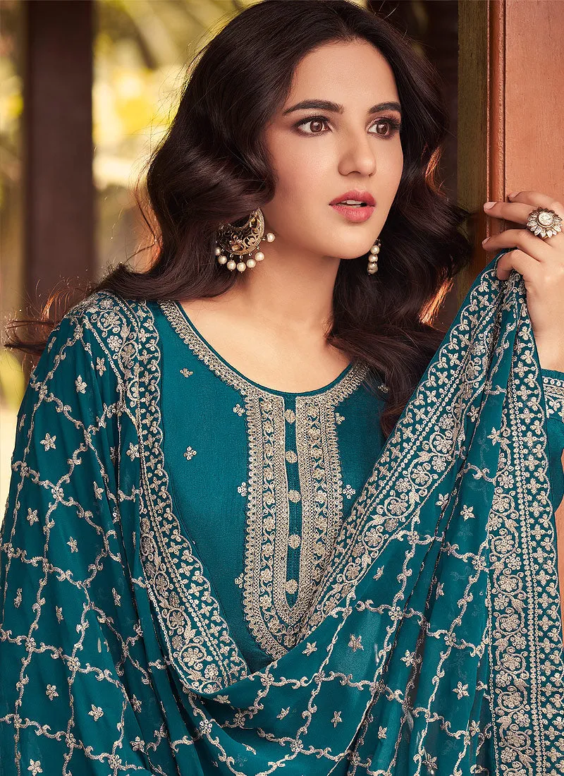 Teal Heavy Embroidered Designer Silk Pant Suit