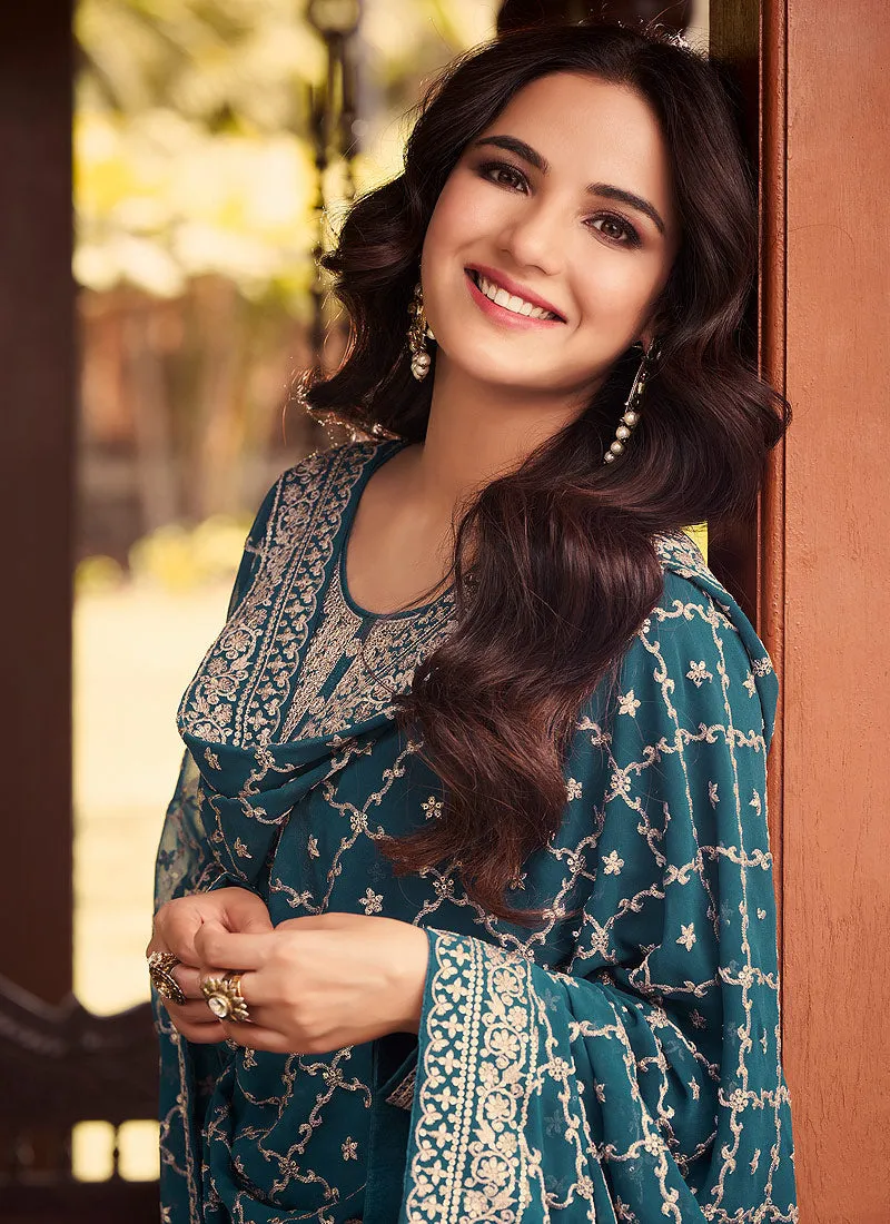 Teal Heavy Embroidered Designer Silk Pant Suit