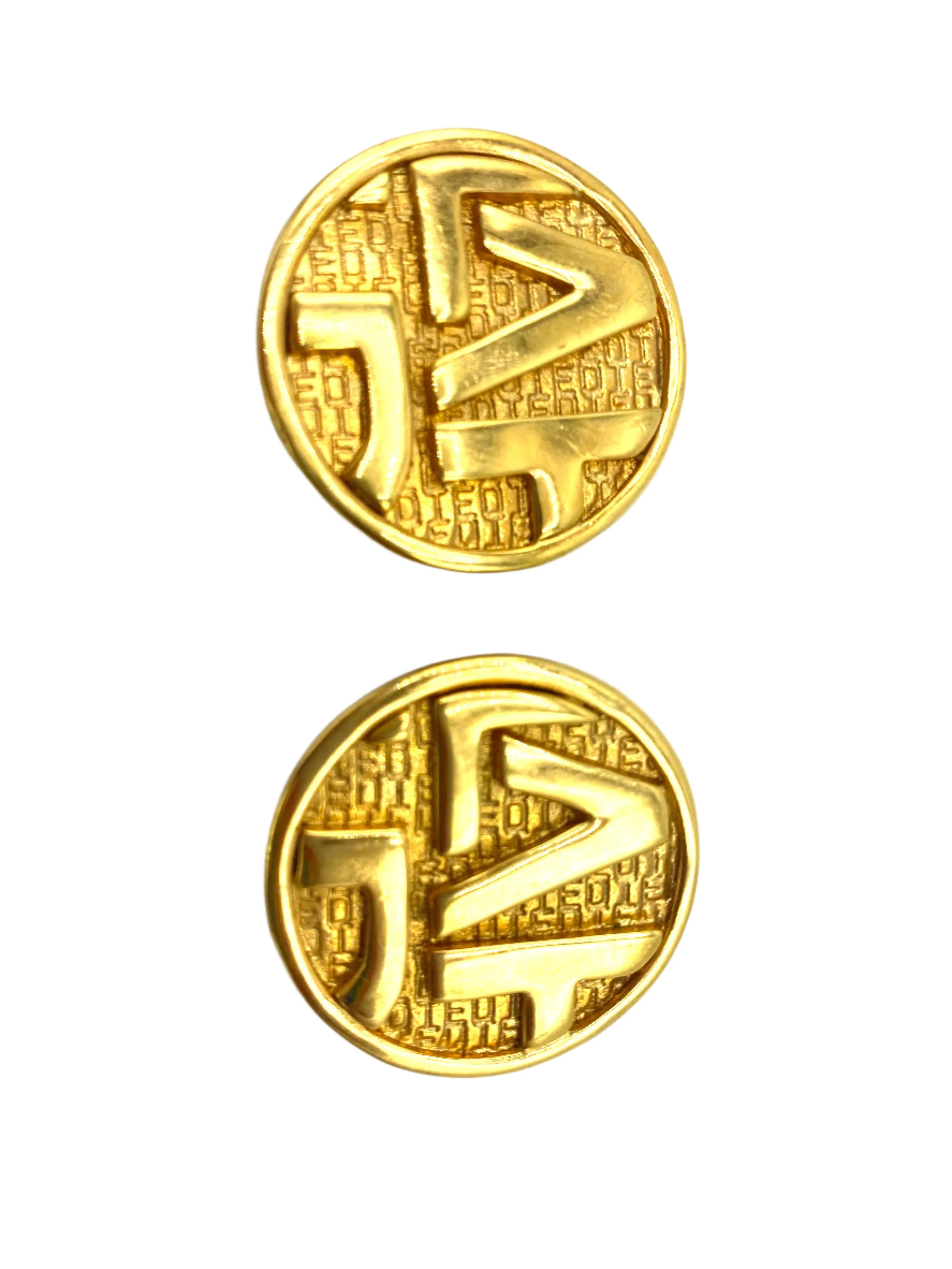 Ted Lapidus Logo Gold Tone Button Earrings on Original Card