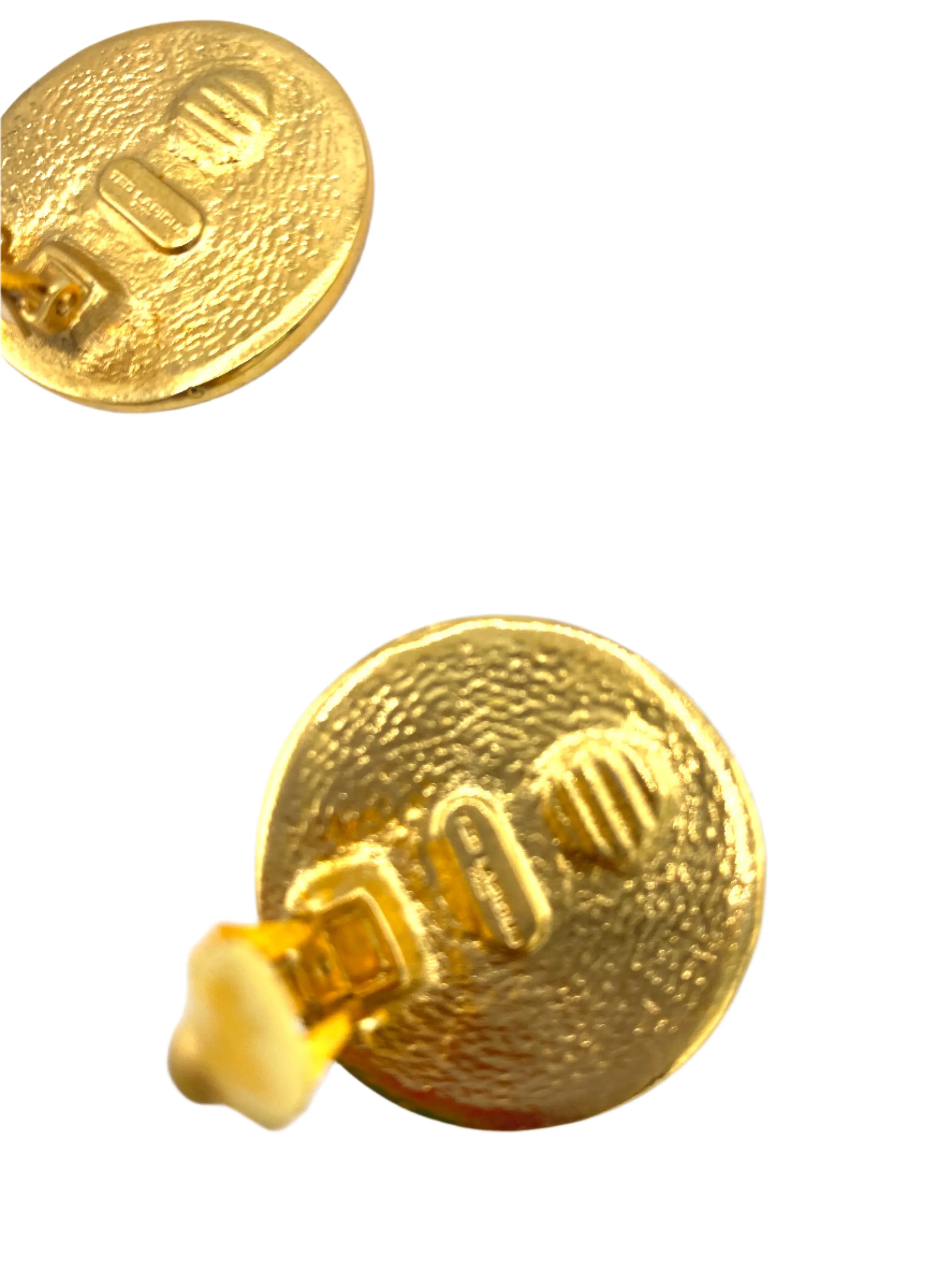 Ted Lapidus Logo Gold Tone Button Earrings on Original Card