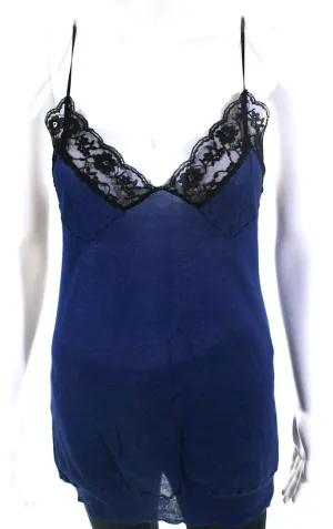 Toga Pulla Japan. Blue Cotton Black Lace Trim V Neck Cami Top