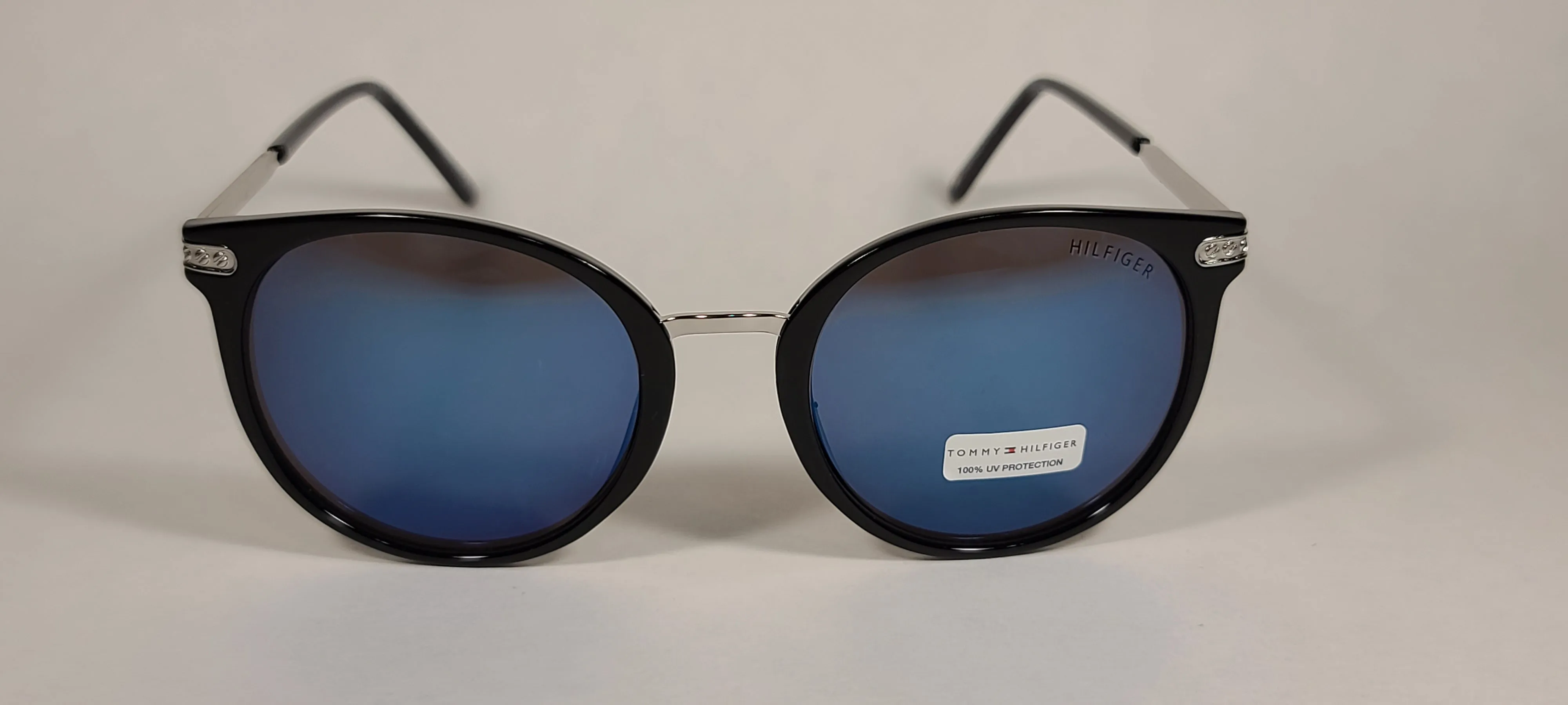 Tommy Hilfiger Mystique Sunglasses Shiny Black And Silver Frame Blue Mirror Lens MYSTIQUE WP OL510