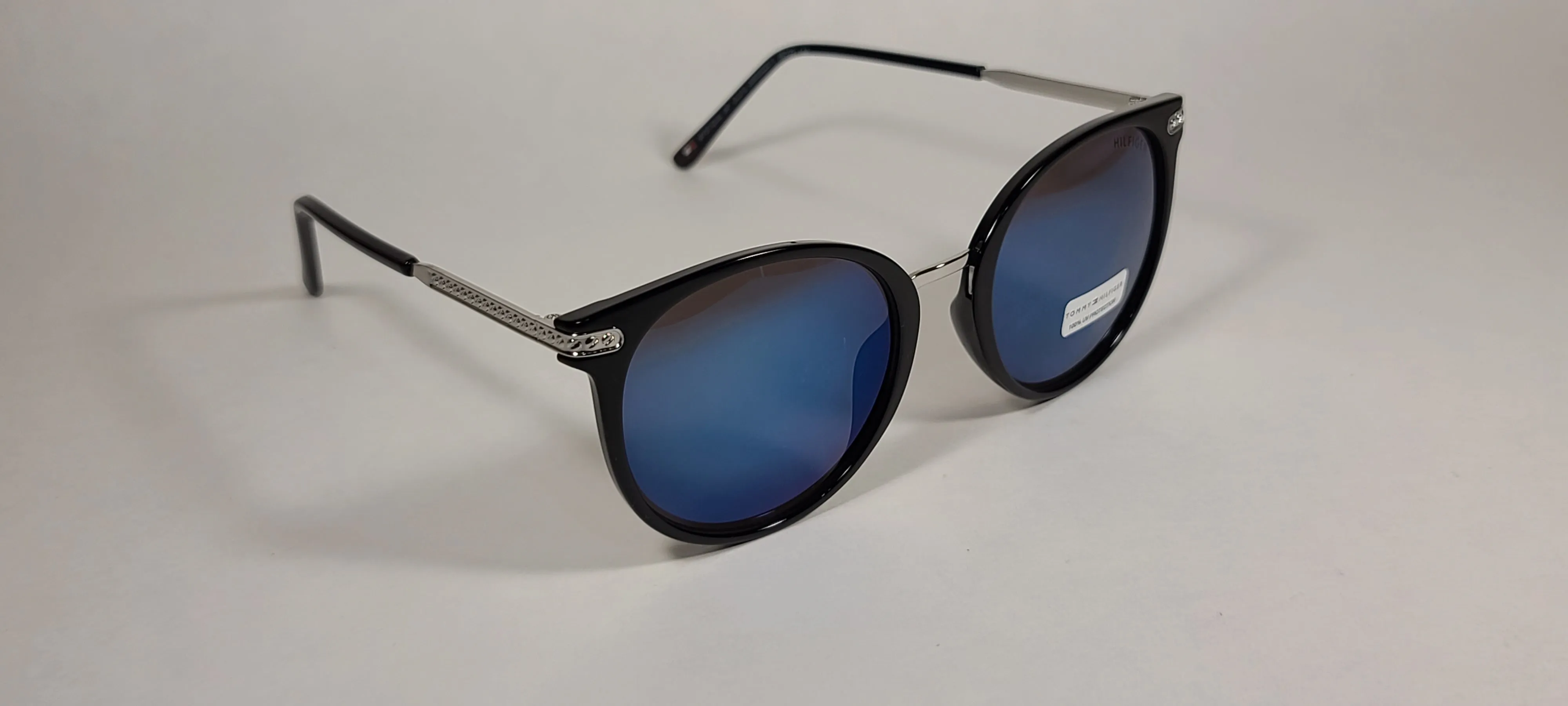 Tommy Hilfiger Mystique Sunglasses Shiny Black And Silver Frame Blue Mirror Lens MYSTIQUE WP OL510