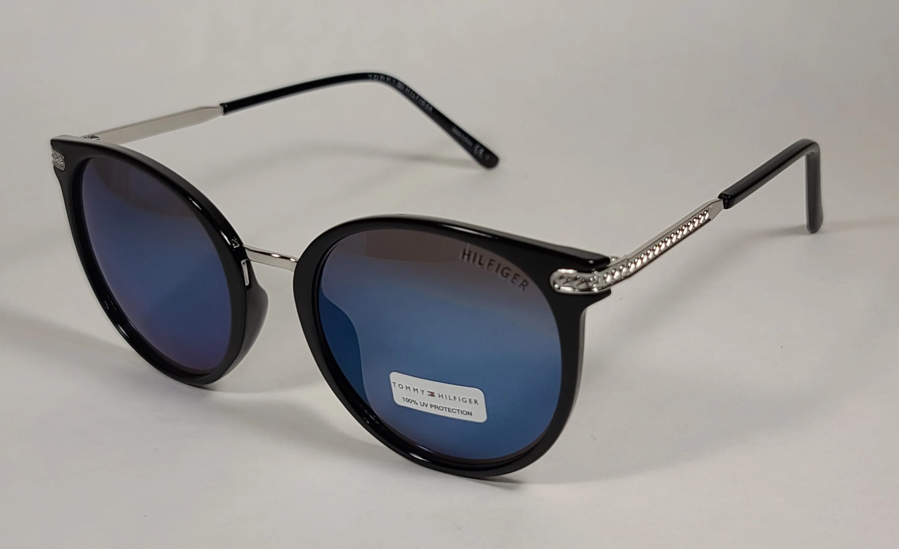 Tommy Hilfiger Mystique Sunglasses Shiny Black And Silver Frame Blue Mirror Lens MYSTIQUE WP OL510