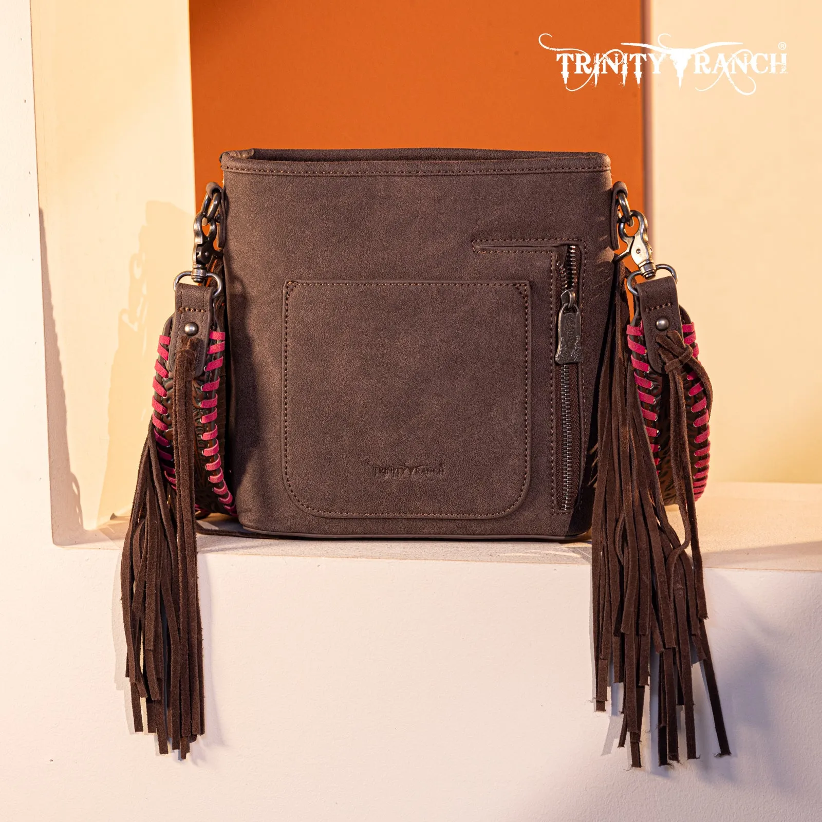 TR177G-9360  Trinity Ranch Hair-On Cowhide Floral Tooled  Concealed Carry Crossbody Bag - Coffee
