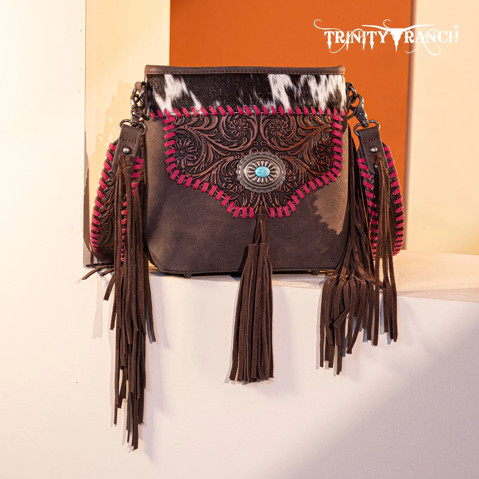 TR177G-9360  Trinity Ranch Hair-On Cowhide Floral Tooled  Concealed Carry Crossbody Bag - Coffee