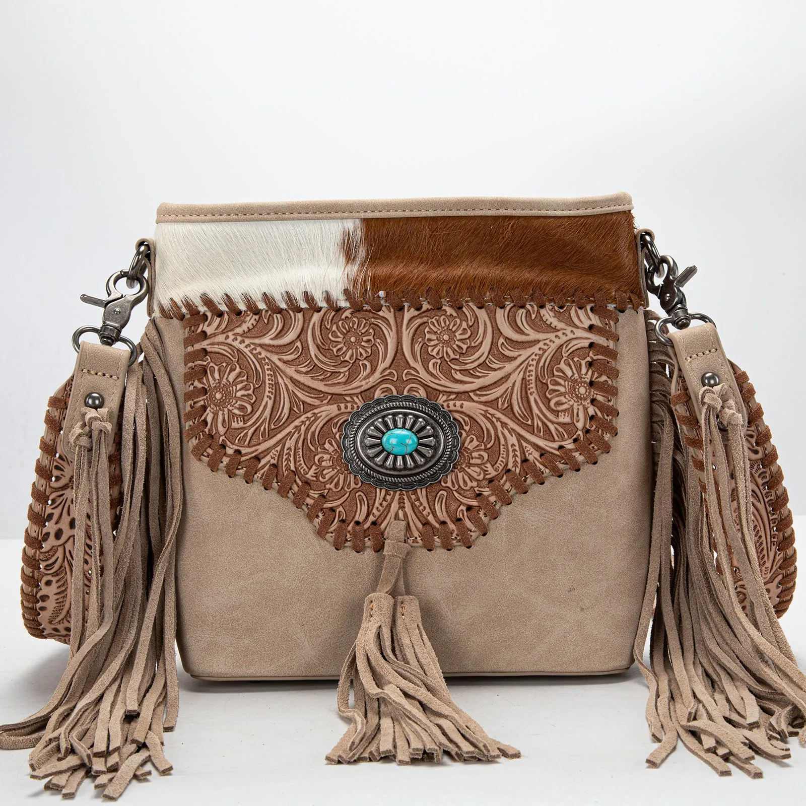 TR177G-9360  Trinity Ranch Hair-On Cowhide Floral Tooled  Concealed Carry Crossbody Bag - Tan