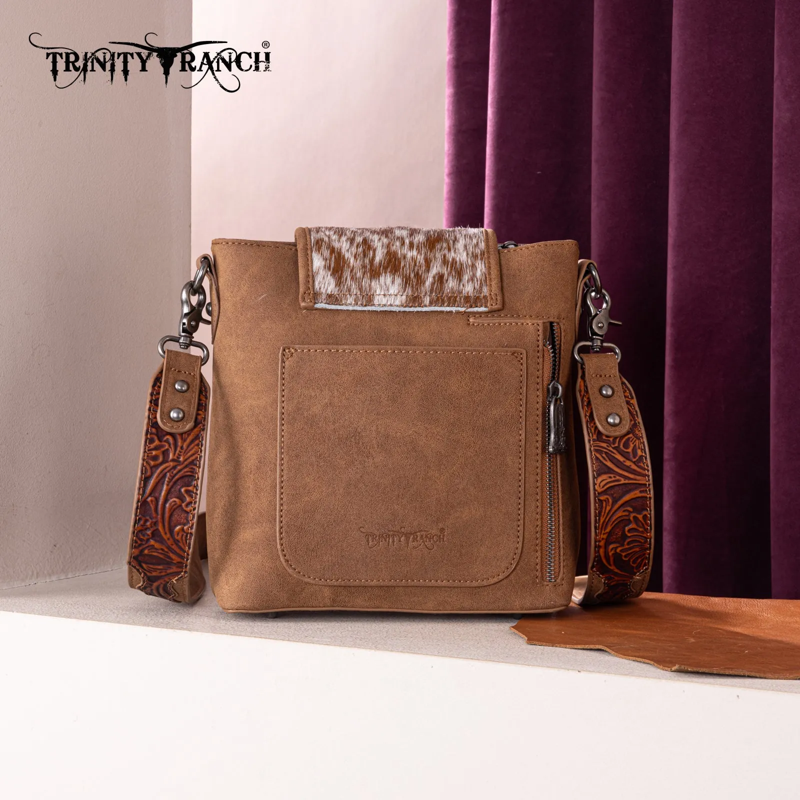 TR185G-9360  Trinity Ranch Genuine Hair-On Cowhide Tooled Concealed Carry Crossbody Bag- Brown