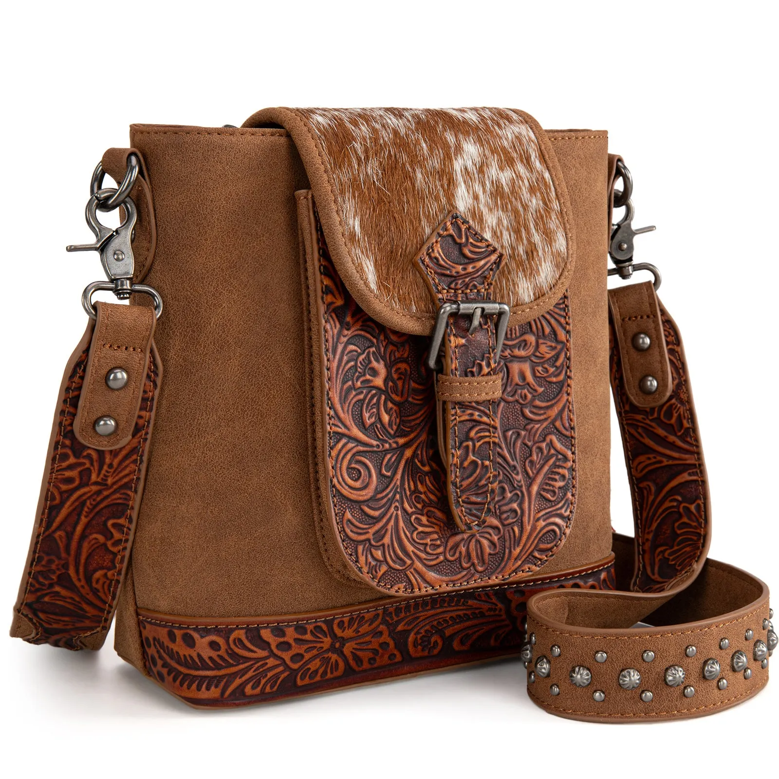 TR185G-9360  Trinity Ranch Genuine Hair-On Cowhide Tooled Concealed Carry Crossbody Bag- Brown