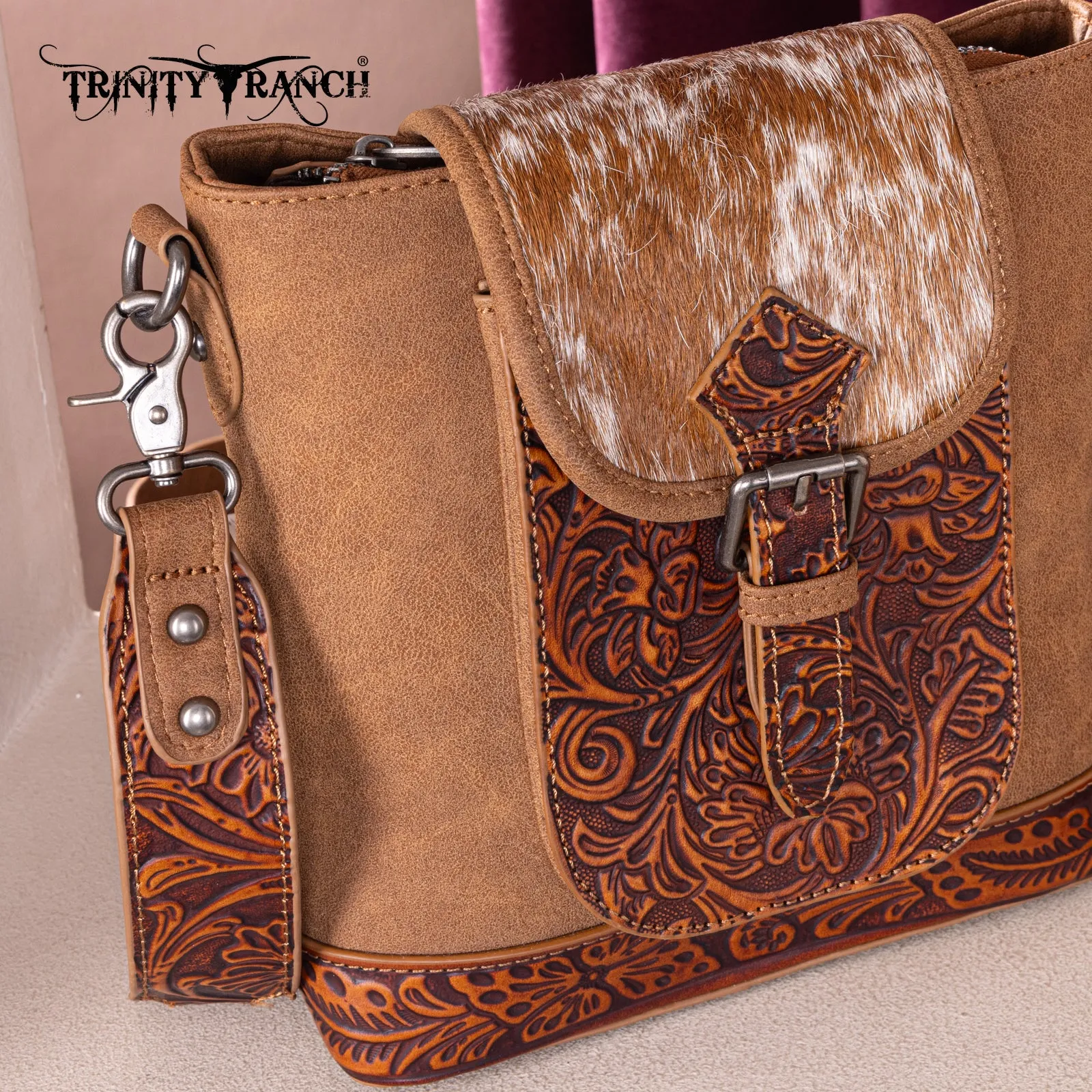 TR185G-9360  Trinity Ranch Genuine Hair-On Cowhide Tooled Concealed Carry Crossbody Bag- Brown
