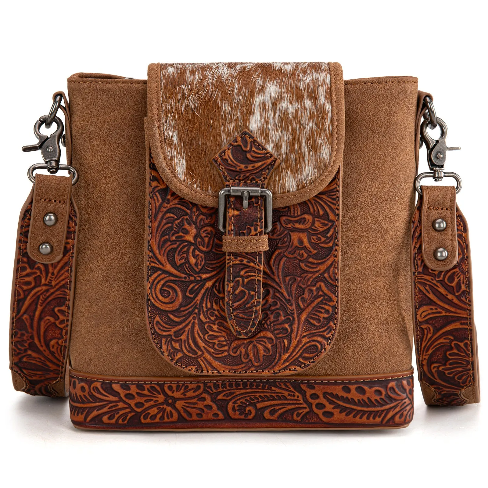 TR185G-9360  Trinity Ranch Genuine Hair-On Cowhide Tooled Concealed Carry Crossbody Bag- Brown