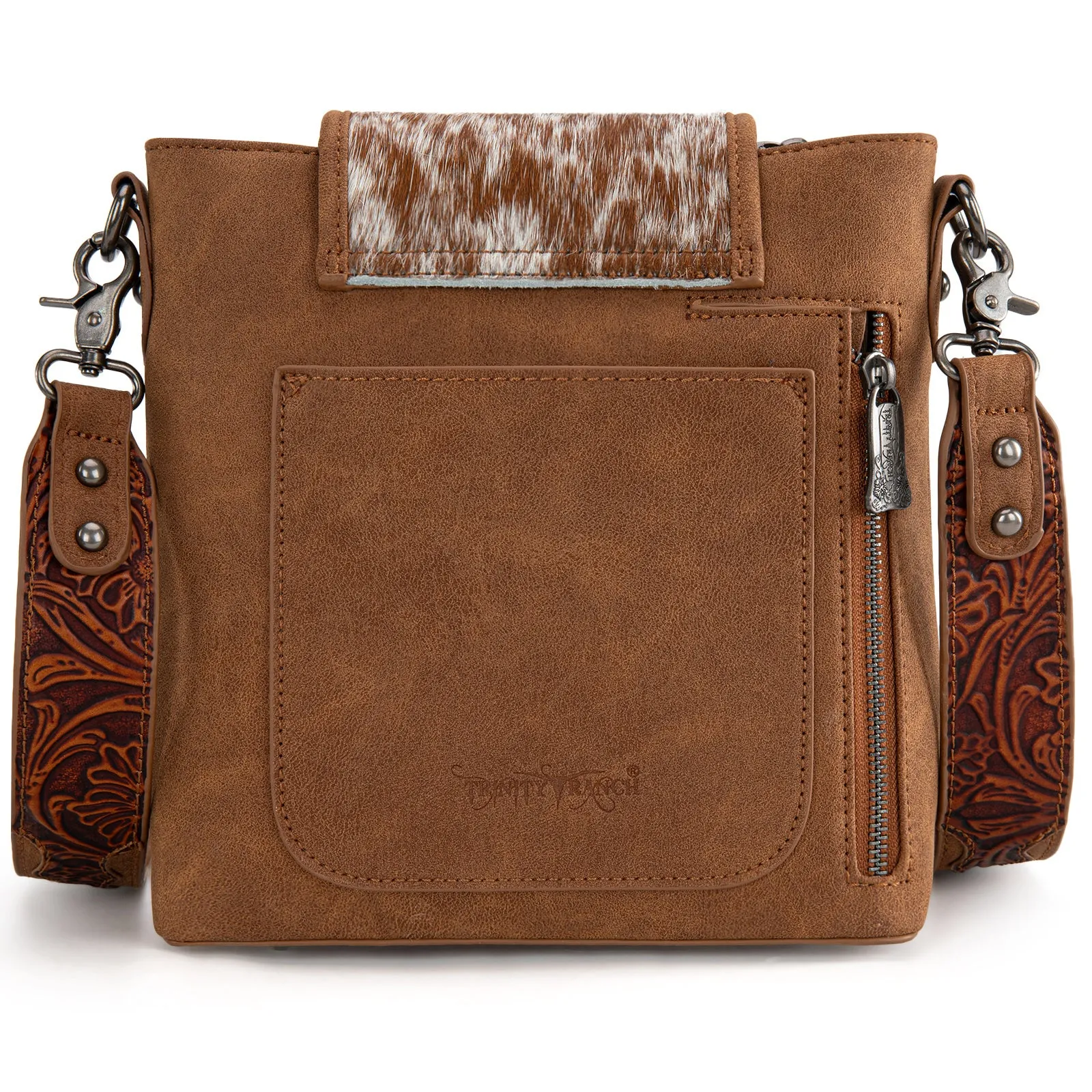 TR185G-9360  Trinity Ranch Genuine Hair-On Cowhide Tooled Concealed Carry Crossbody Bag- Brown