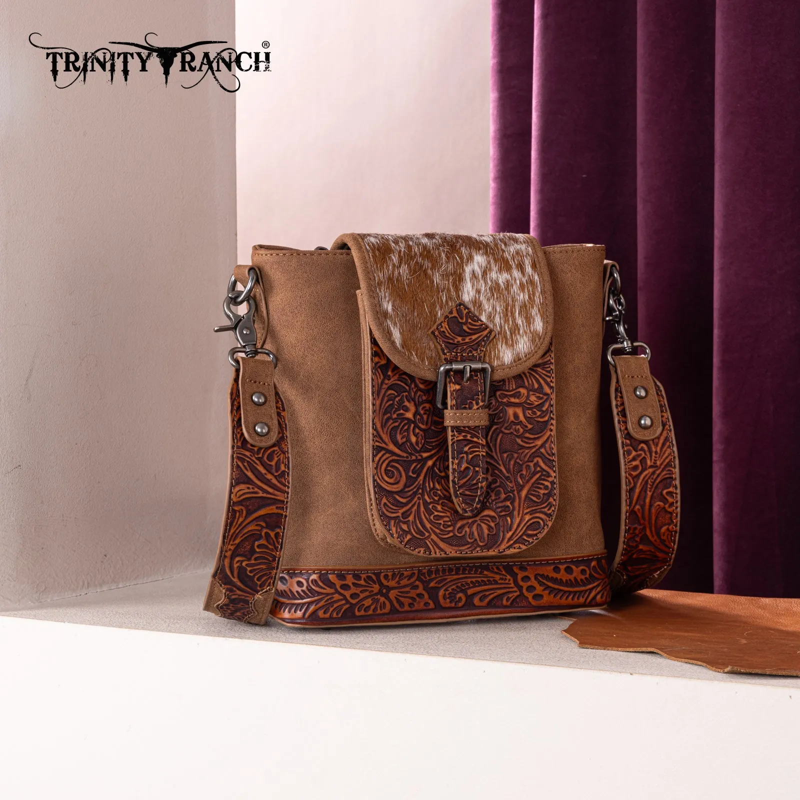 TR185G-9360  Trinity Ranch Genuine Hair-On Cowhide Tooled Concealed Carry Crossbody Bag- Brown